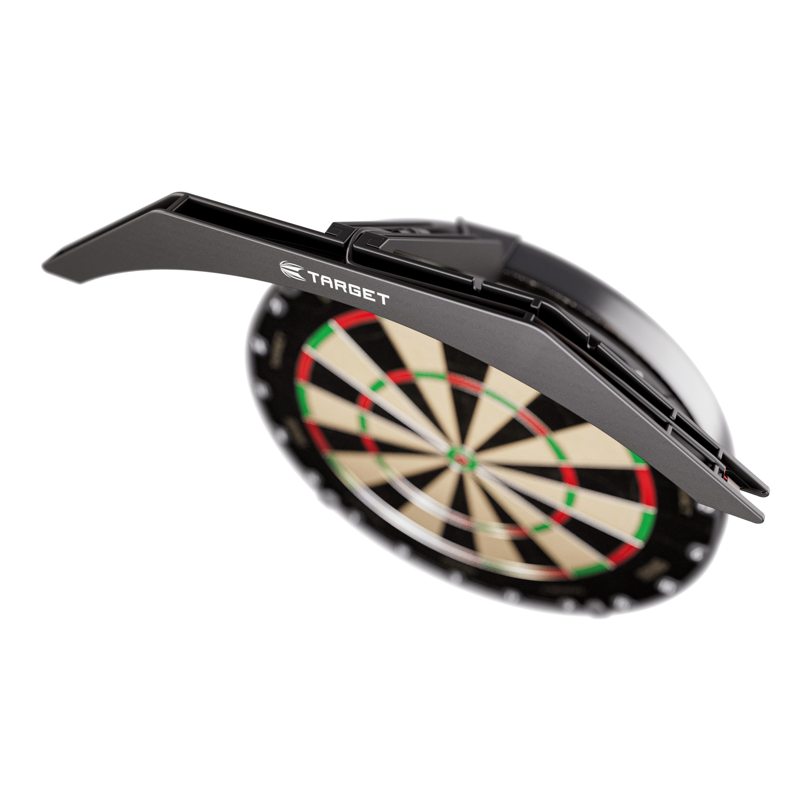 Target ARC V2 Dartboard Lighting Das Bild zeigt die "Target ARC V2 Dartboard Beleuchtung", die über einem Dartboard angebracht ist. Die Beleuchtung sorgt für optimale Ausleuchtung der Dartscheibe beim Spielen.