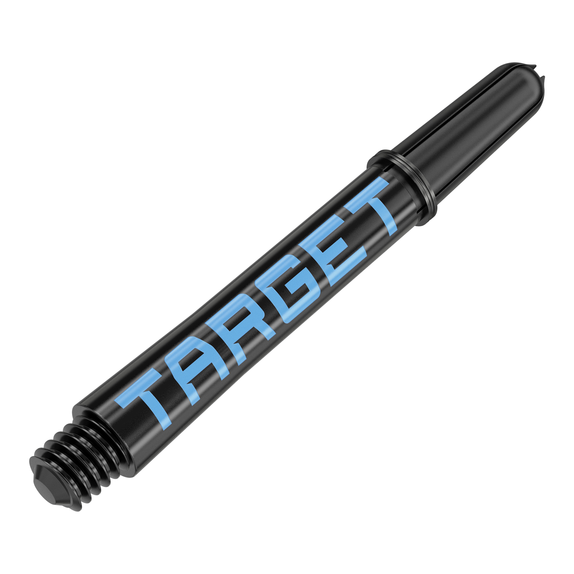 Target Pro Grip TAG Shafts - 3 Sets - Black Blue Dies ist ein schwarzer Dart-Schaft mit blauer Schrift. Auf dem Schaft steht das Wort "TARGET".