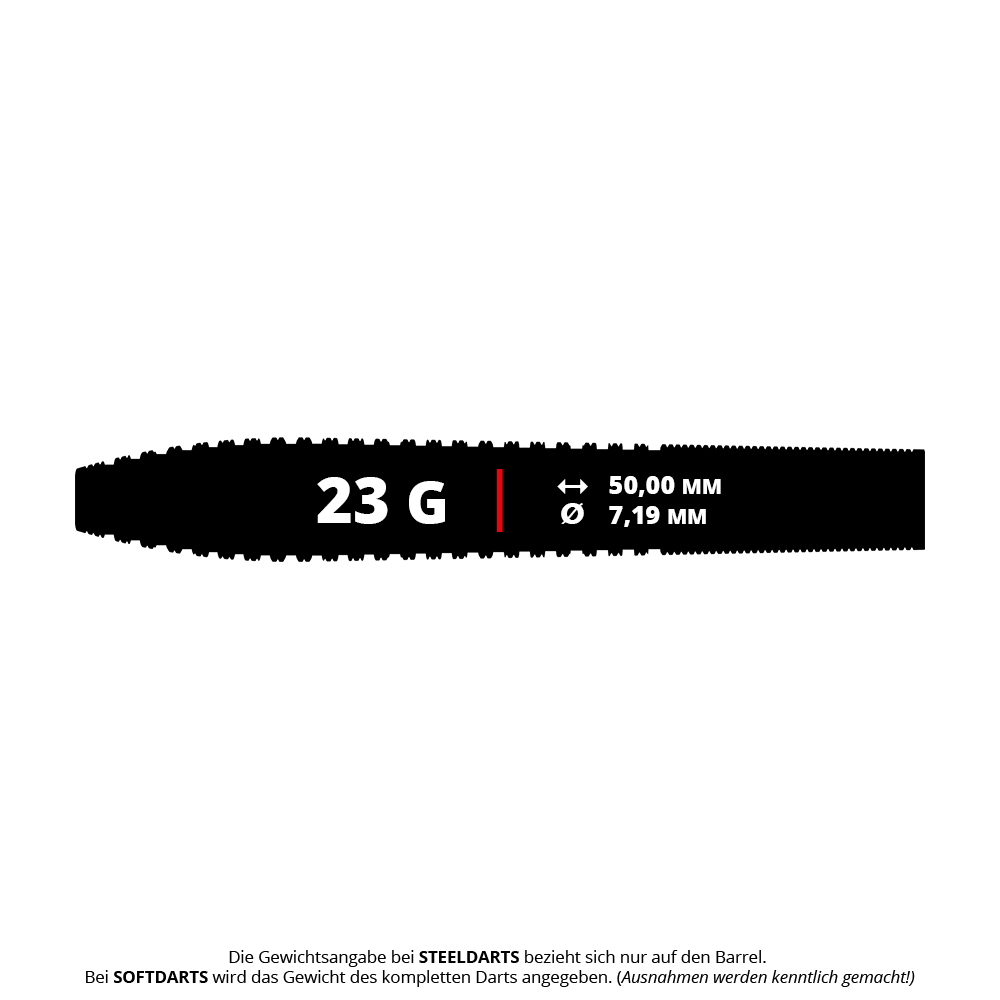 Bulls NL Romeo Grbavac steel darts - 23g Das Bild zeigt die Produktinformationen des "Bulls NL Romeo Grbavac Steeldarts - 23g". Der Dart wiegt 23 Gramm, ist 50,00 mm lang und hat einen Durchmesser von 7,19 mm.