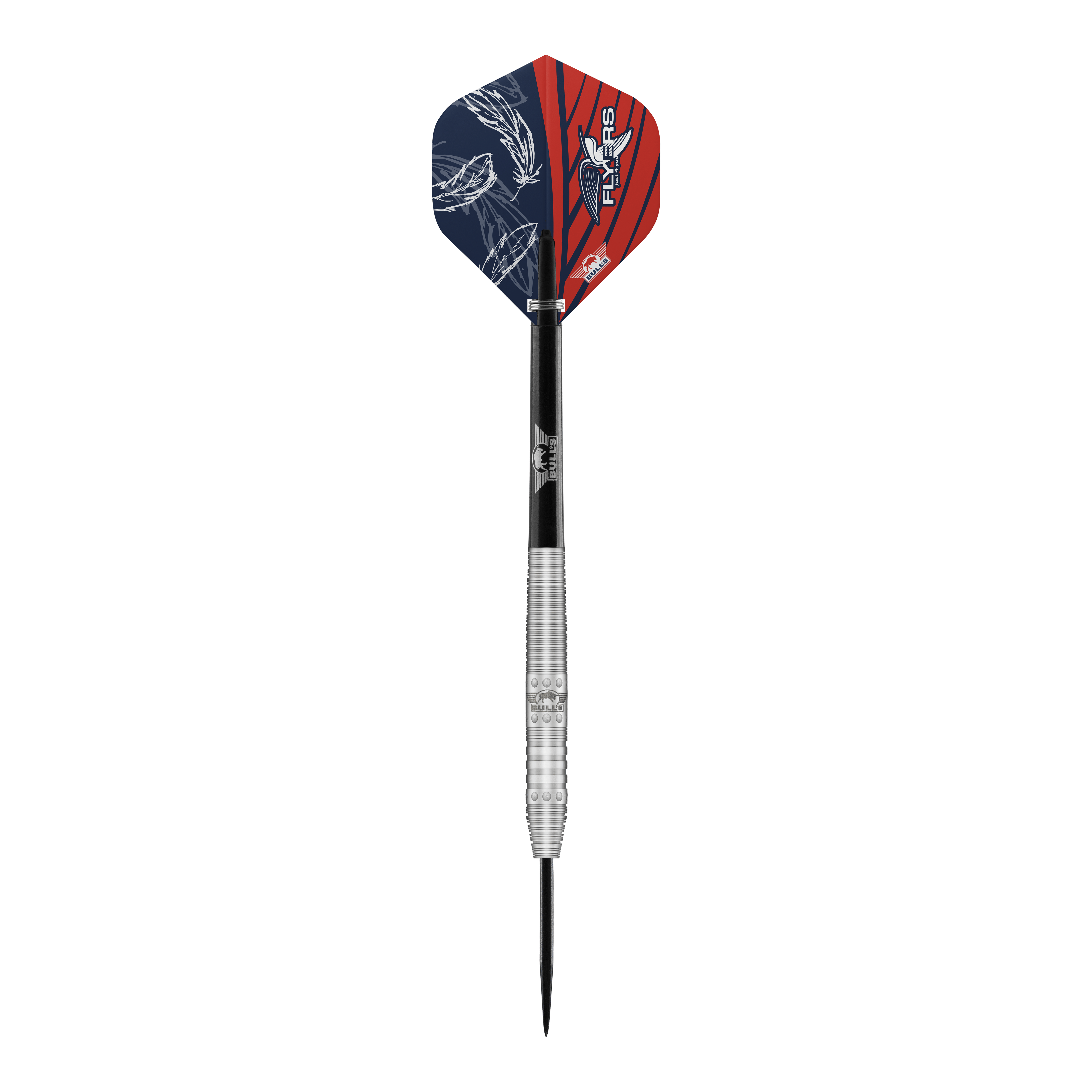 Bulls NL Richard Veenstra 80 steel darts - 23g Das Bild zeigt einen Steeldartpfeil namens "Bulls NL Richard Veenstra 80 Steeldarts - 23g". Der Dart hat eine silberne, gerillte Spitze und bunte Flights in Blau und Rot mit weißen Mustern.