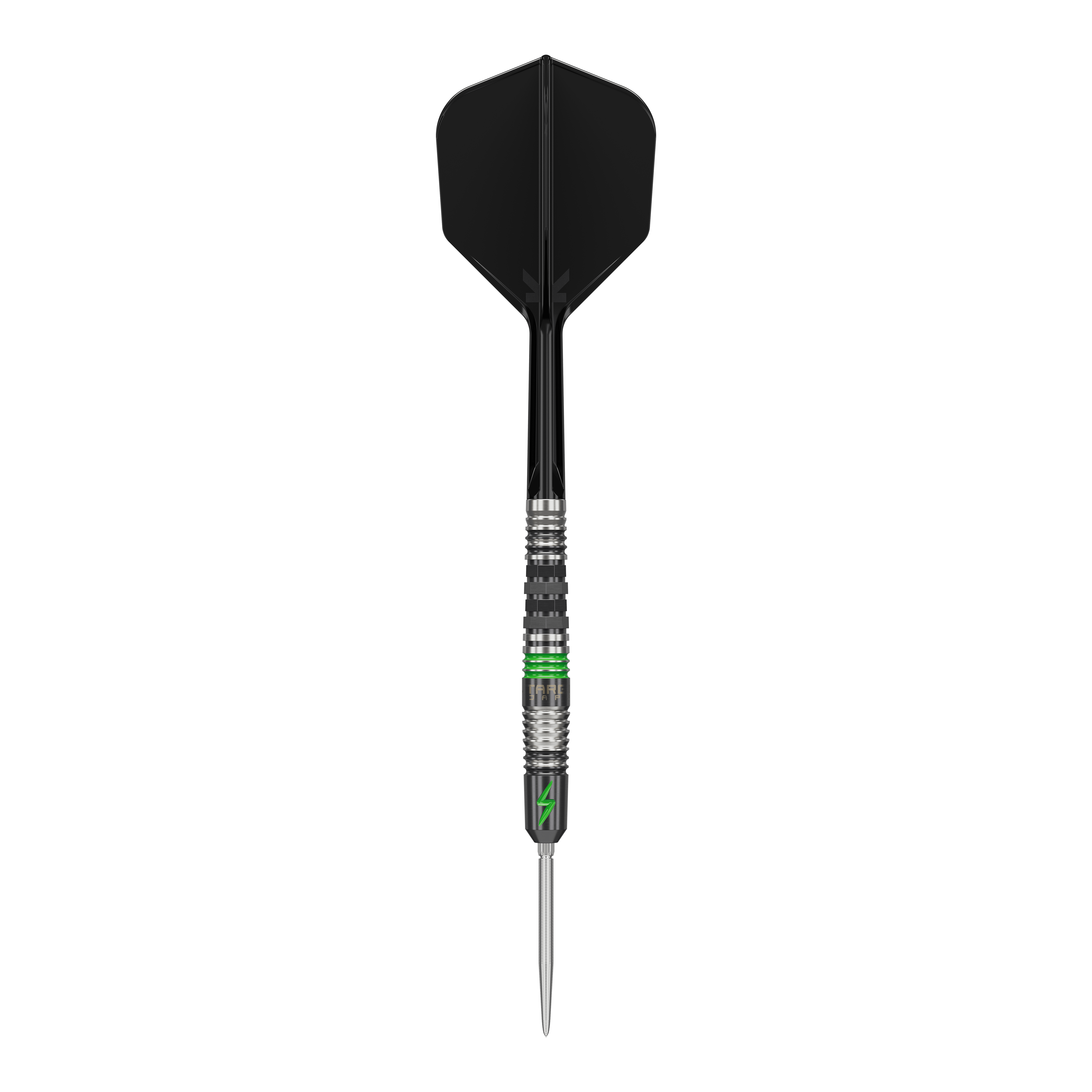 Target Japan Black Marque Lightning 3 SP steel darts Das Bild zeigt einen Target Japan Black Marque Lightning 3 SP Steeldart. Der Dartpfeil hat ein schwarzes Flight und Details in Silber und Grün am Schaft.
