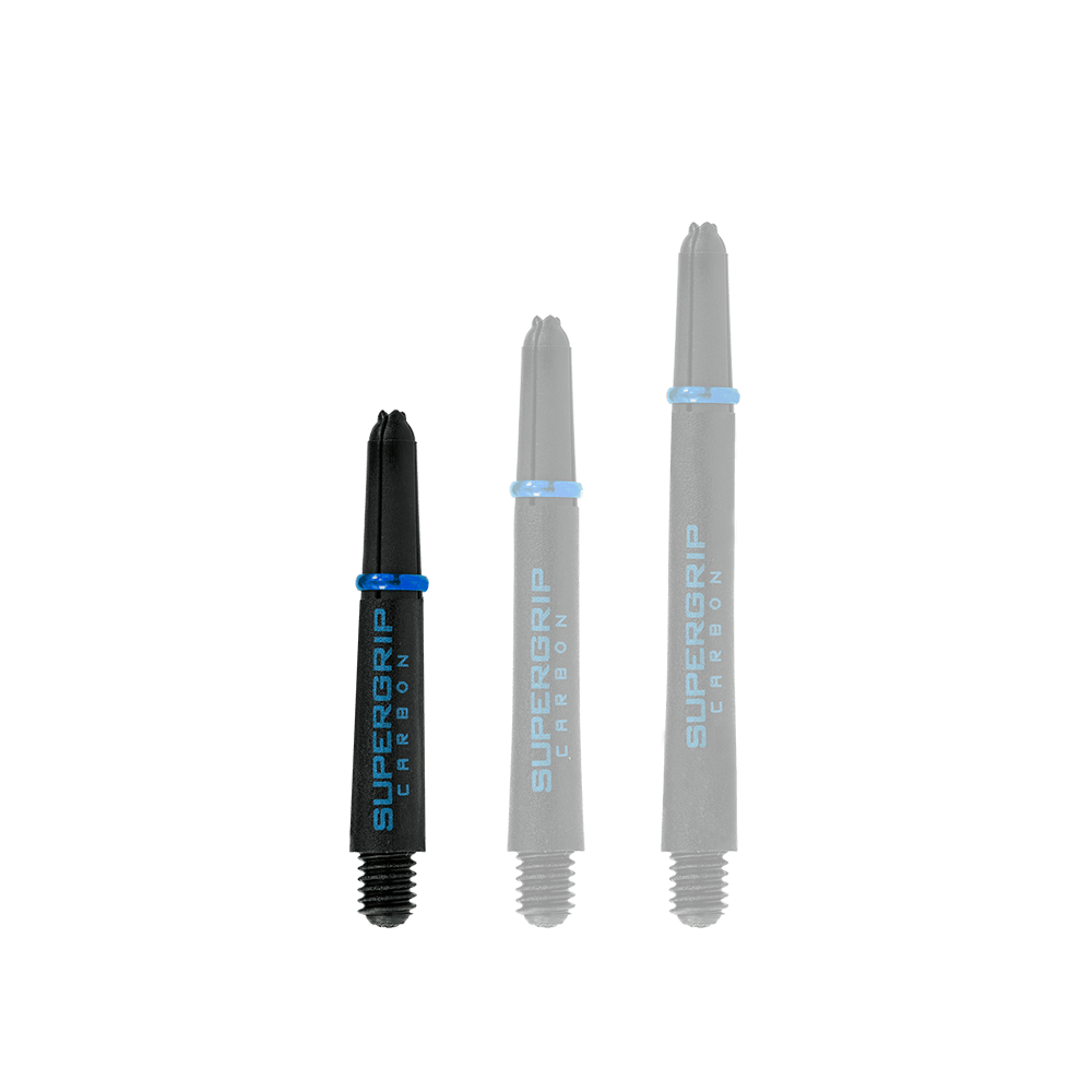 Das Bild zeigt drei Harrows Supergrip Carbon Shafts in der Farbe Aqua. Sie sind unterschiedlich lang und haben ein schwarzes Design mit blauen Akzenten.