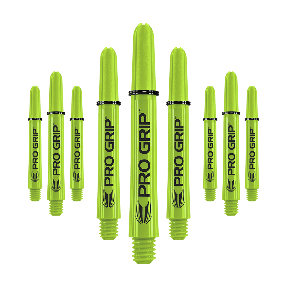 Auf dem Bild sind neun limegrüne Dart-Schäfte mit der Aufschrift "PRO GRIP" zu sehen. Sie stehen aufrecht und sind gleichmäßig angeordnet.