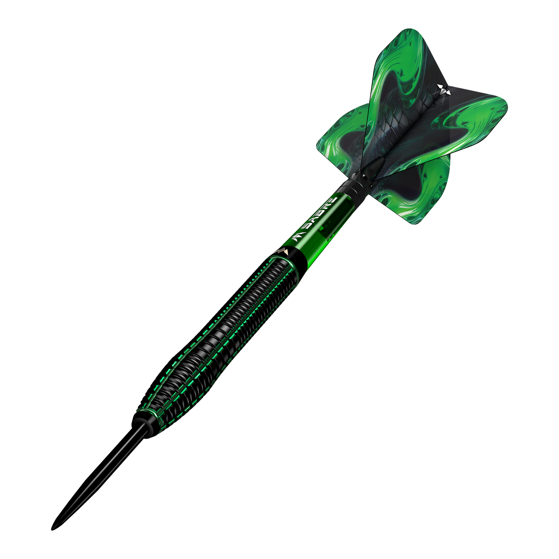 Mission Venom steel darts Das Bild zeigt einen Mission Venom Steeldart mit schwarzem und grünem Design. Die Flights sind ebenfalls grün mit einem geschwungenen Muster.