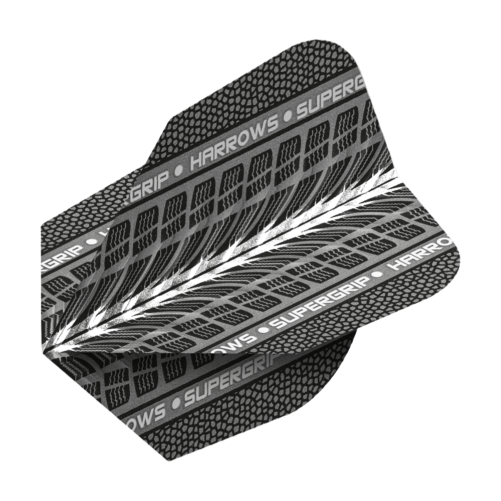 Hier sind Harrows Supergrip Weiß No6 Flights zu sehen. Das Produkt besteht aus weiß gefärbten Dart-Flights.