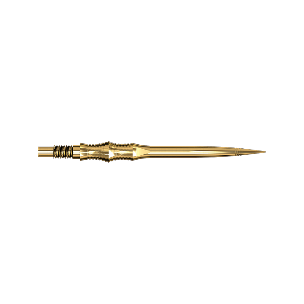 Apex Spire Gold Elite Serie Dartspitzen in 35mm sind abgebildet. Sie sind lang und goldfarben.
