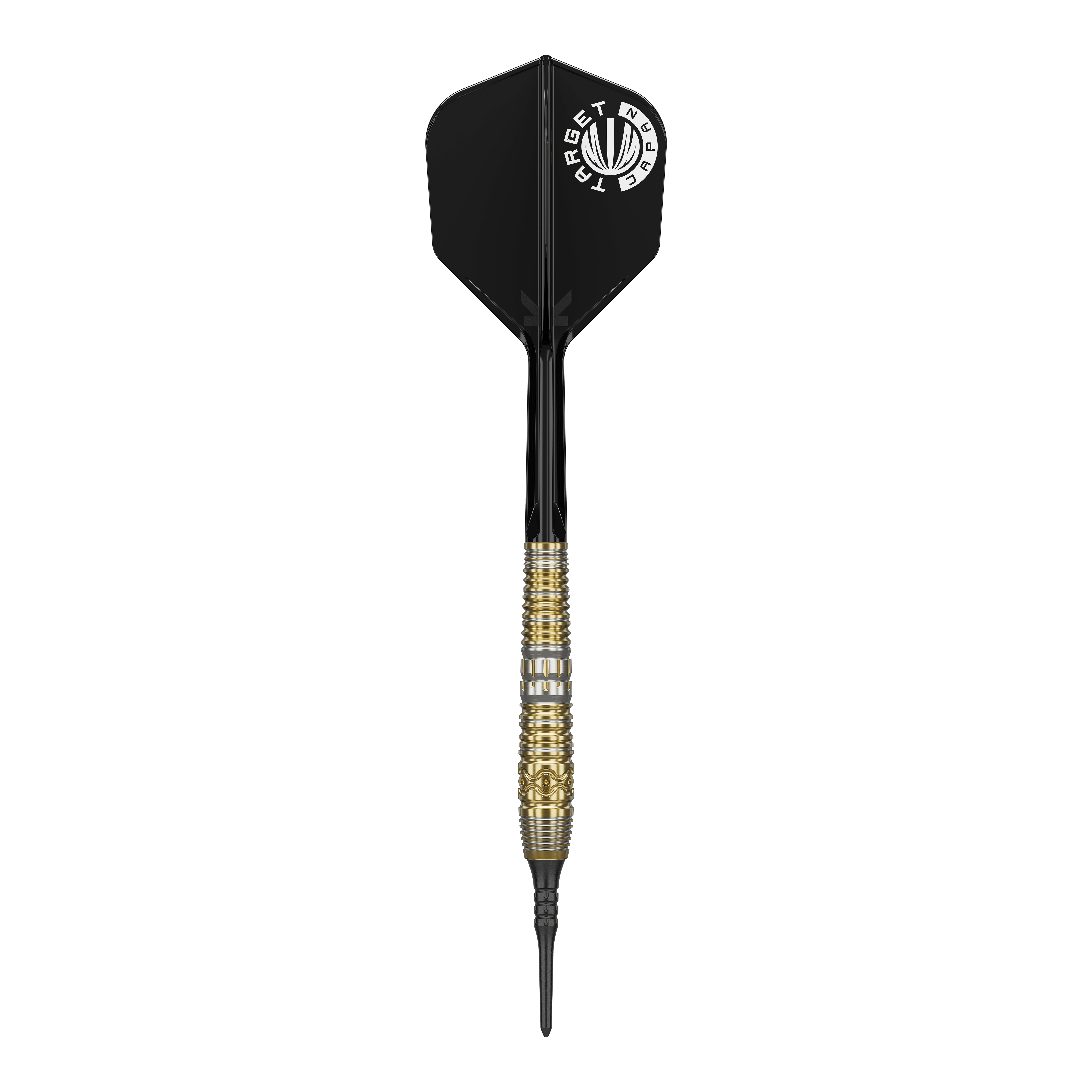 Target Japan Hot Shot GEN2 Soft Darts - 19g Das Bild zeigt einen Softdart mit schwarzem Flight und goldenem Griff. Es handelt sich um das Produkt "Target Japan Hot Shot GEN2 Softdarts - 19g".