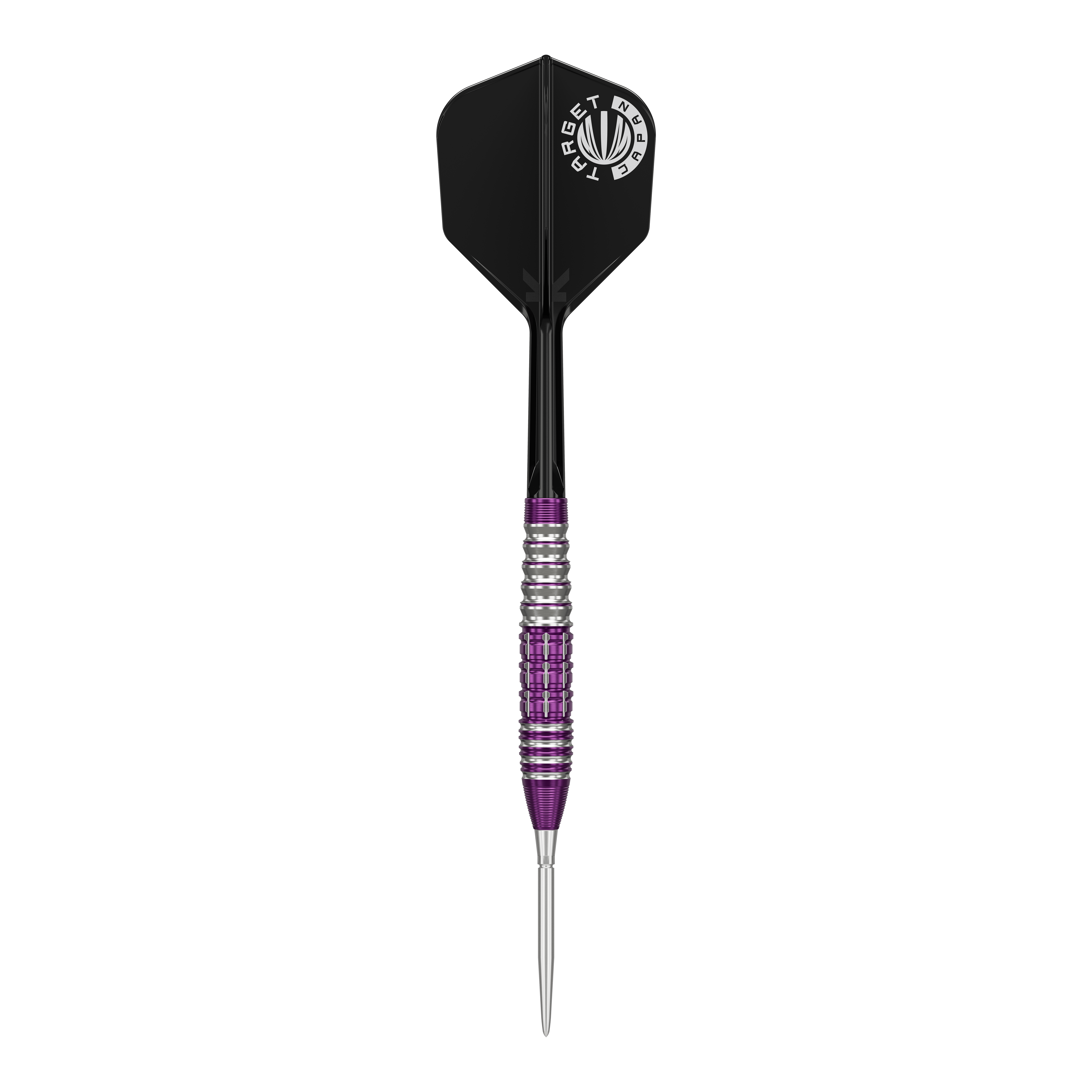 Das Bild zeigt einen Steeldartpfeil aus der Target Japan Prime Series mit silber-lila geriffeltem Barrel und schwarzer Flight. Auf dem Flight ist ein weißes Logo mit der Aufschrift "TARGET JAPAN" zu sehen.