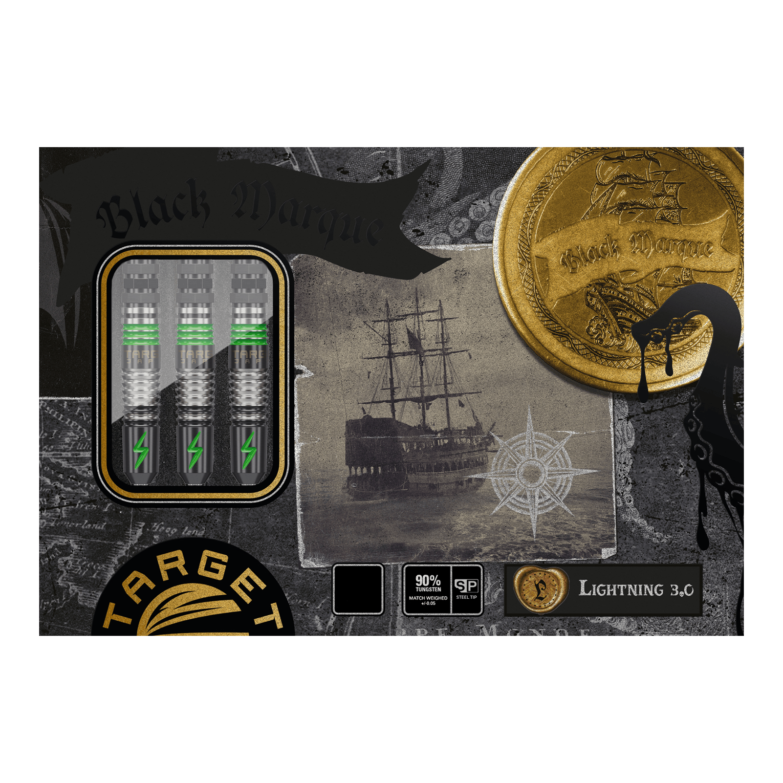 Das Bild zeigt die Verpackung der "Target Japan Black Marque Lightning 3 SP Steeldarts". Auf der Verpackung sind drei Dartpfeile, ein altes Segelschiff und goldene Münzen abgebildet.