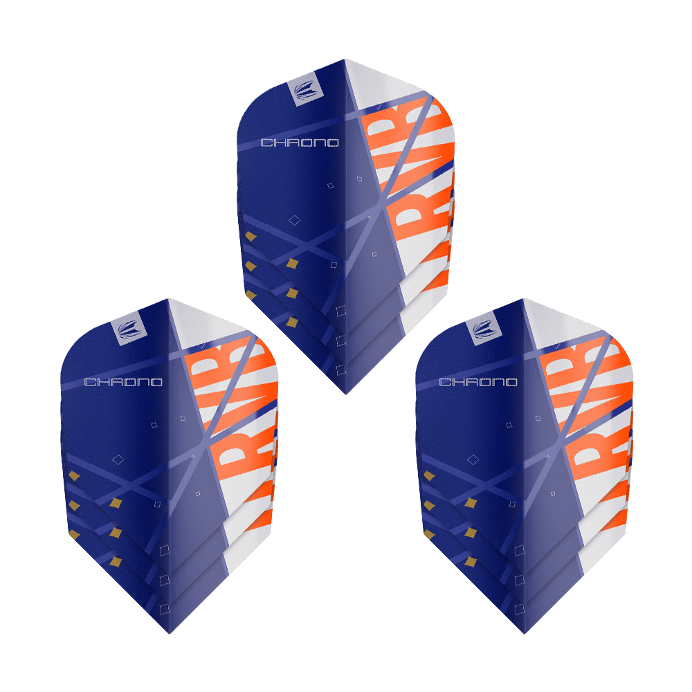 Das Bild zeigt drei Sätze von Target Pro Ultra Raymond Van Barneveld Chrono No6 Flights für Darts. Die Flights sind hauptsächlich blau mit orange-weißen Akzenten und geometrischem Design.