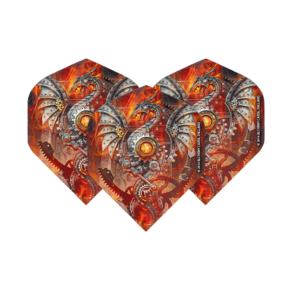 Alchemy Tech Dragon No2 Standard Flights Das Bild zeigt drei Dart-Flights mit einem mechanischen Drachenmotiv in leuchtenden Orange- und Silbertönen. Die Flights sind das Produkt "Alchemy Tech Dragon No2 Standard Flights".