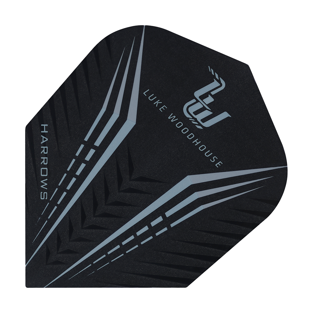 HR24_Harrows_Prime_Luke_Woodhouse_Standard_Flights_1 Das Bild zeigt einen Harrows Prime Luke Woodhouse Standard Flight. Das Design ist schwarz mit silbernen Linien und dem Namen "Luke Woodhouse" darauf.