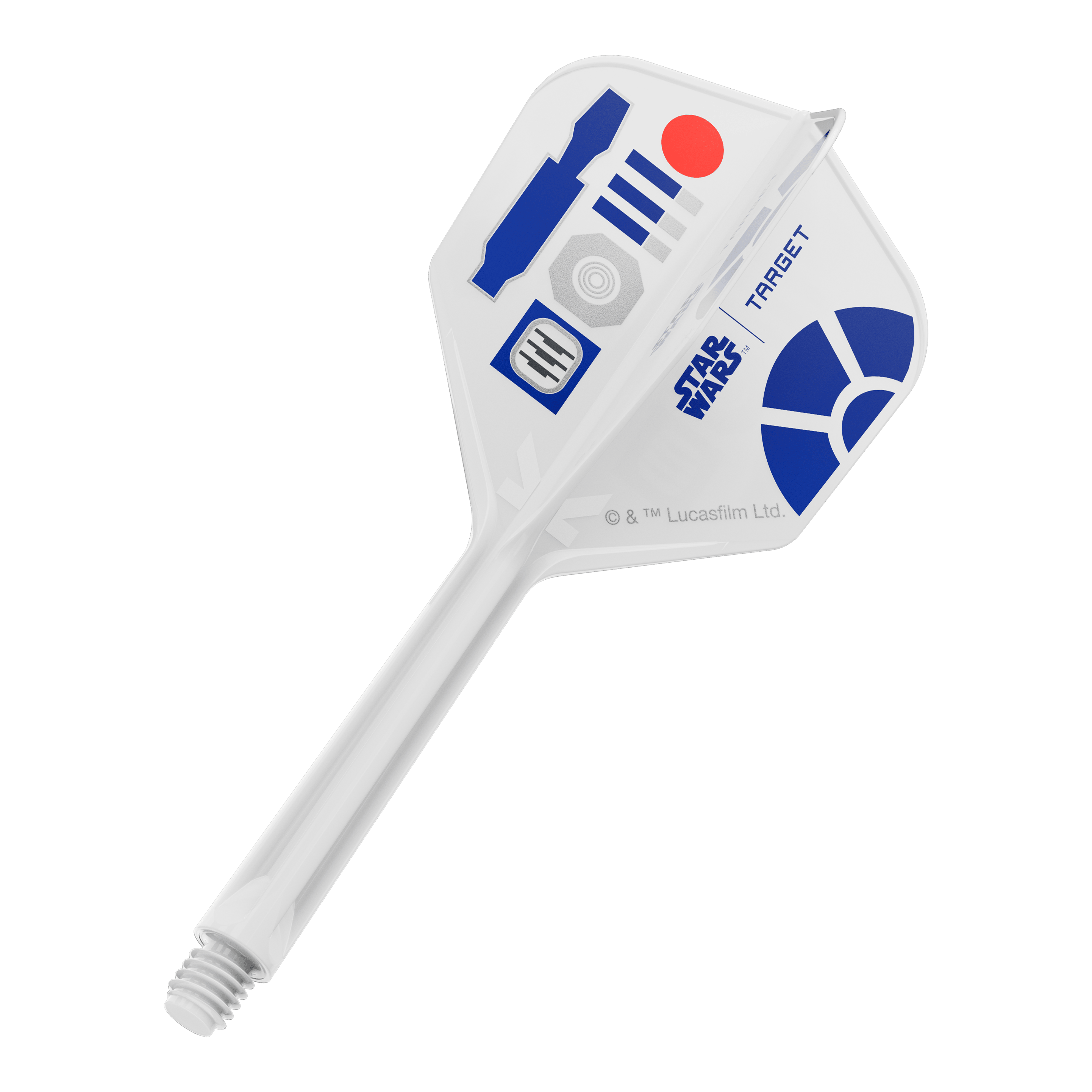 Das Bild zeigt ein Produkt mit dem Dateinamen 410512_Target_StarWars_KFlex_R2D2_No6_Flights_Medium_33mm_1. Es dürfte ein Dart-Flight im Star Wars Design sein.