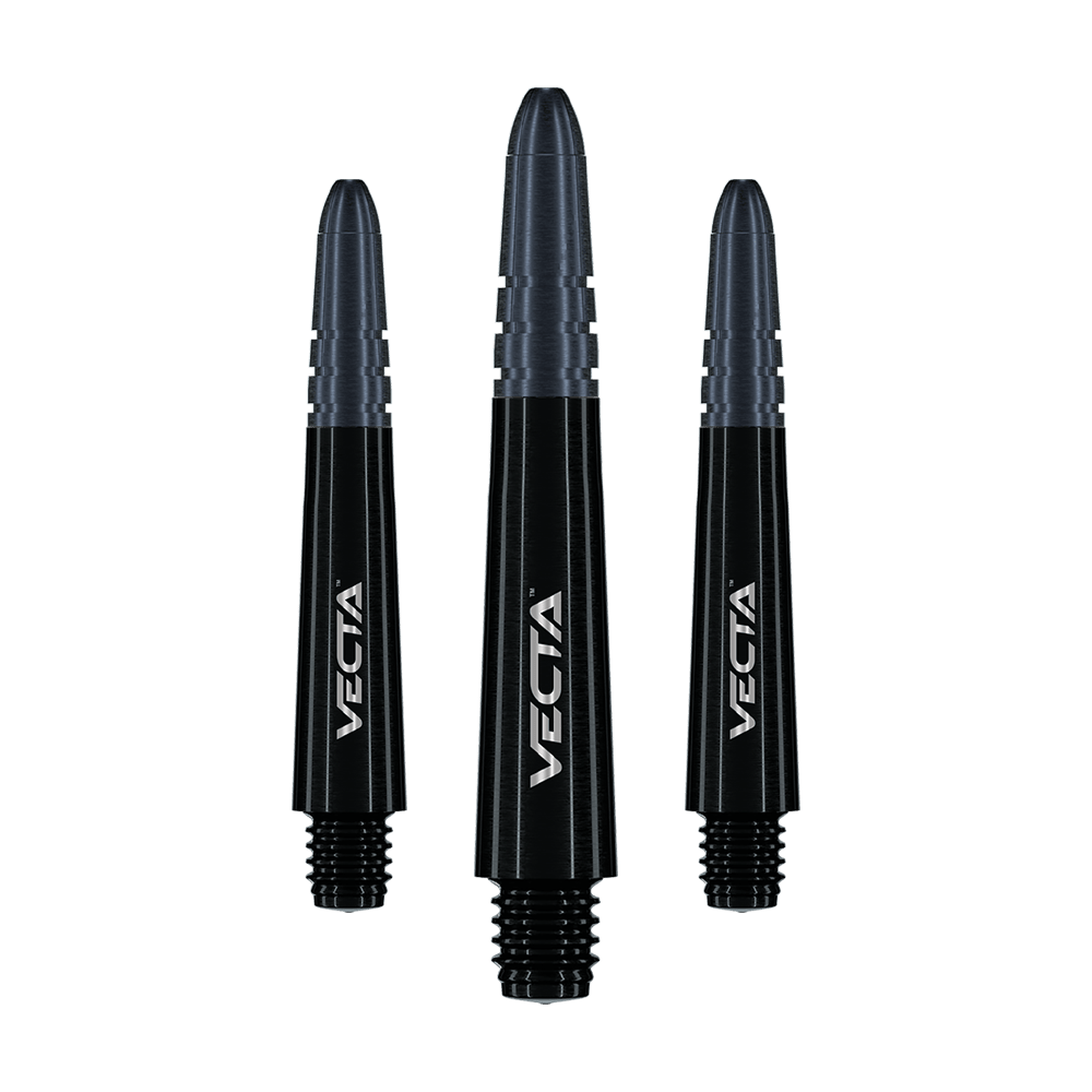 Winmau Vecta Shafts - Black Auf dem Bild sind drei schwarze Dart-Schäfte mit der Aufschrift "Vecta" zu sehen. Sie sind unterschiedlich groß und haben ein modernes, glänzendes Design.
