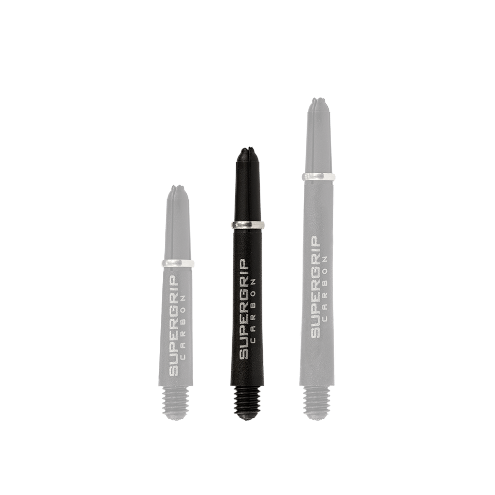 HR355_Harrows_Supergrip_Carbon_Shafts_Silber_40mm_1 Das Bild zeigt drei verschiedene Längen der Harrows Supergrip Carbon Shafts in Silber. Die Schäfte sind schwarz mit silberner Beschriftung und silbernem Ring.