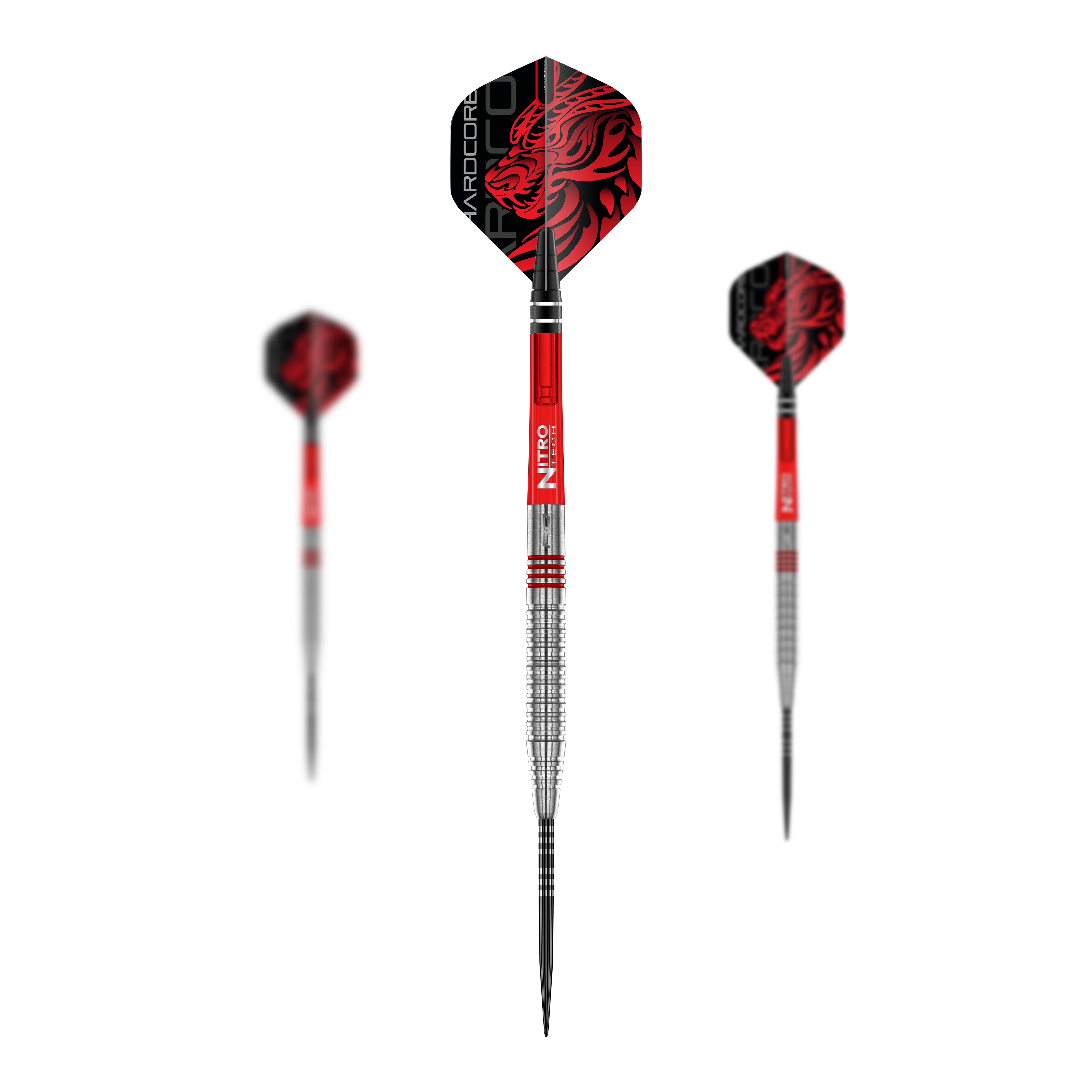Red Dragon Jonny Clayton Original 2 steel darts Das Bild zeigt drei Red Dragon Jonny Clayton Original 2 Steeldarts. Die Darts haben rote und silberne Griffe sowie Flights mit einem roten Drachenmotiv.