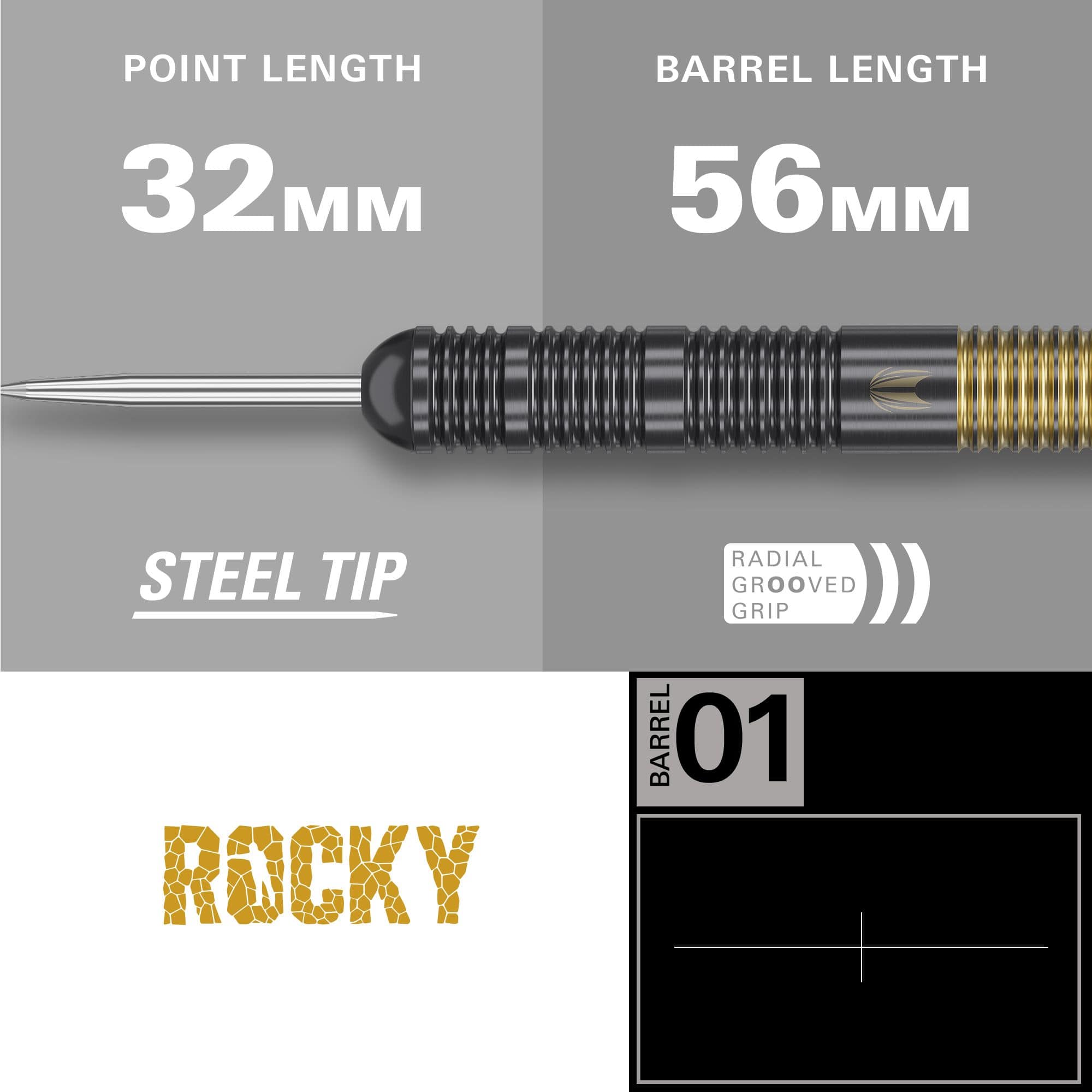 Target Josh Rock Brass Steel Darts - 22g Das Bild zeigt den Target Josh Rock Brass Steeldart mit einer Stahlspitze. Die Spitzenlänge beträgt 32 mm und die Barrel-Länge 56 mm, mit radial gerilltem Griff.