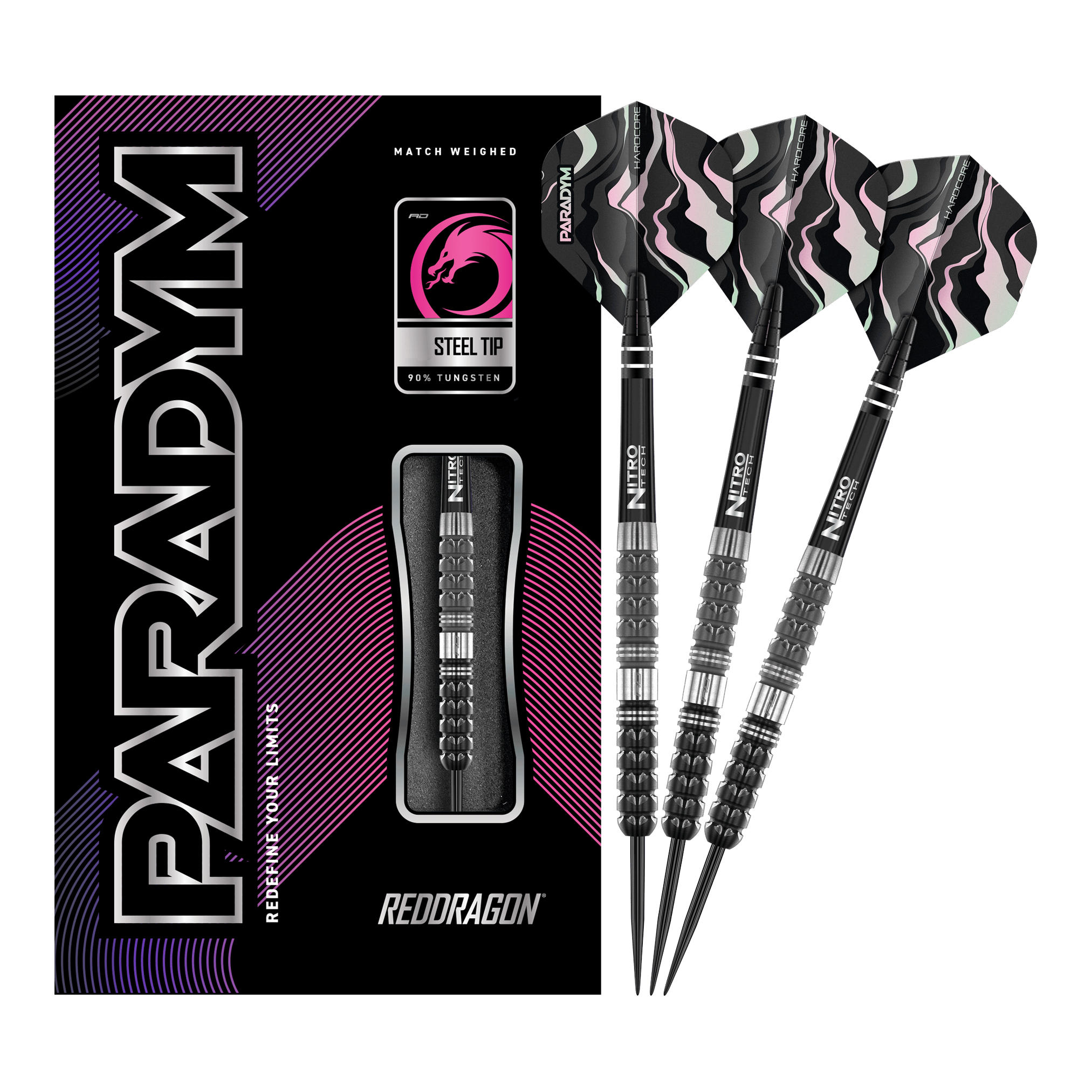 Red Dragon Paradym Tapered Steel Darts Das Bild zeigt das Produkt "Red Dragon Paradym Tapered Steeldarts" mit einer schwarzen Verpackung und drei Steeldarts. Die Darts haben schwarze, silberne und rosafarbene Details sowie auffällige Flights.