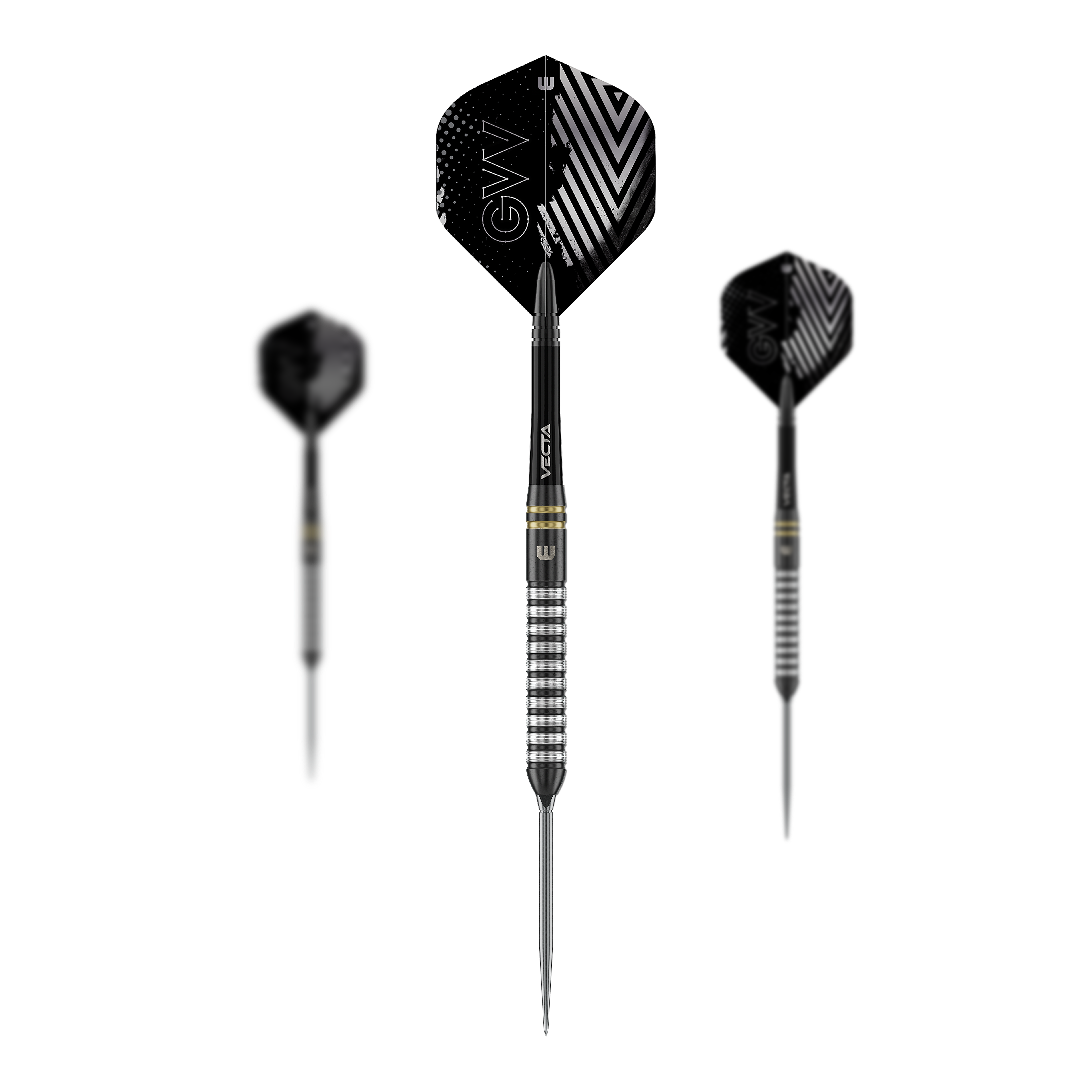 Zu sehen sind Winmau Gian Van Veen TS Switch Point Steeldarts als Set. Das Bild zeigt mehrere Darts nebeneinander.