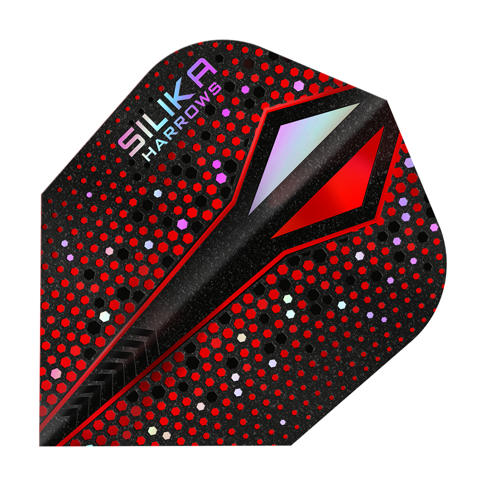Harrows Silika Colorshift Tough Crystalline Coating Red-X No6 Flights Das Bild zeigt ein Dart-Flight mit einem auffälligen roten und schwarzen Punktmuster. In der oberen Ecke steht der Schriftzug "Silika Harrows".