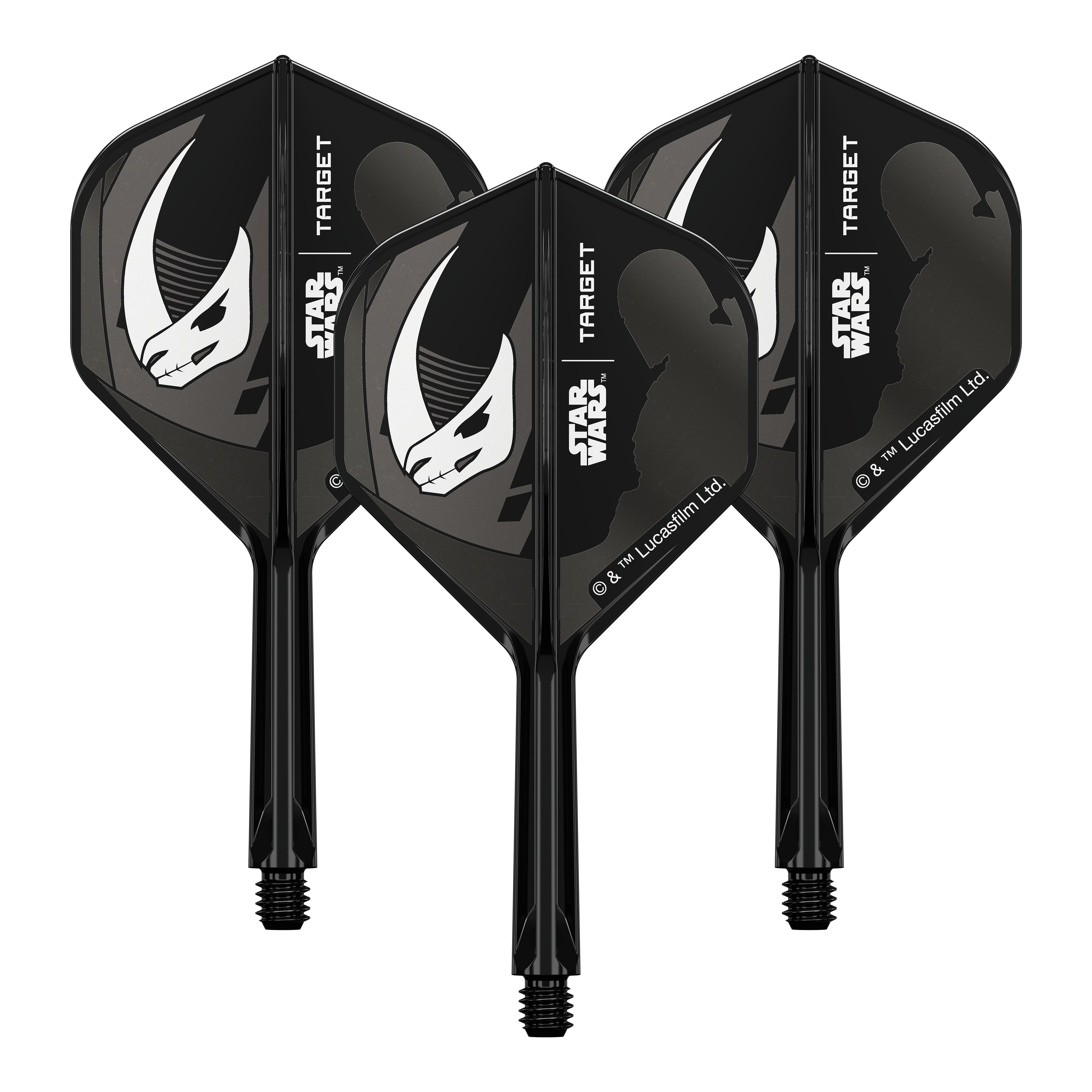 Das Bild zeigt das Produkt mit dem Dateinamen 410621_Target_StarWars_K-Flex_Mandalorian_Armour_No2_Standard_Flights_26mm_2a. Es handelt sich vermutlich um einen weiteren Dart-Flight im Mandalorian Design.