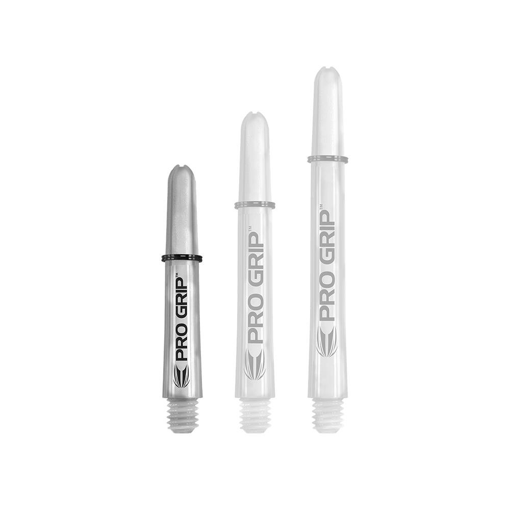 110195_Target_Pro_Grip_Shafts_Transparent_34mm_1 Das Bild zeigt drei transparente Pro Grip Shafts in unterschiedlichen Längen. Sie sind mit schwarzer Schrift und einem kleinen Logo bedruckt.