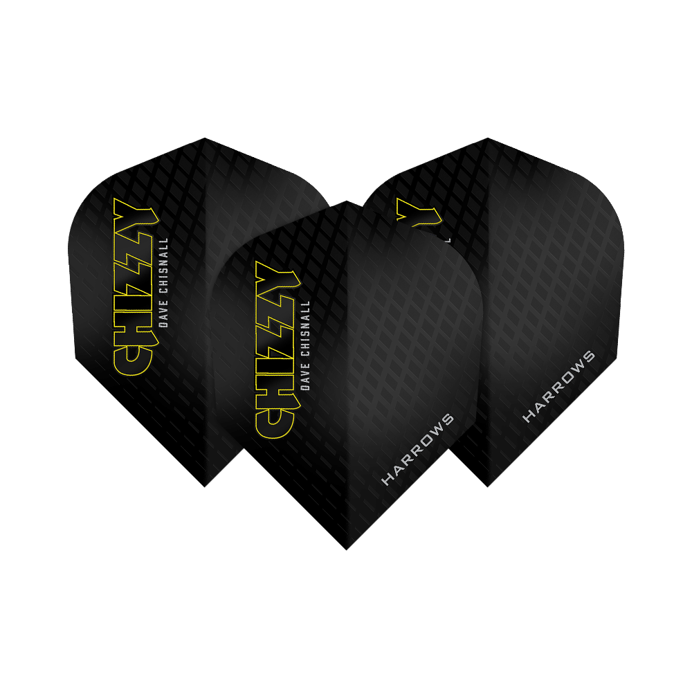 Harrow's Dave Chisnall Chizzy Series 3 Flights Das Bild zeigt drei Dartflights der Marke Harrows aus der Dave Chisnall Chizzy Series 3. Die Flights sind schwarz mit gelbem Schriftzug „CHIZZY“ und verfügen über ein dezentes Rautenmuster.