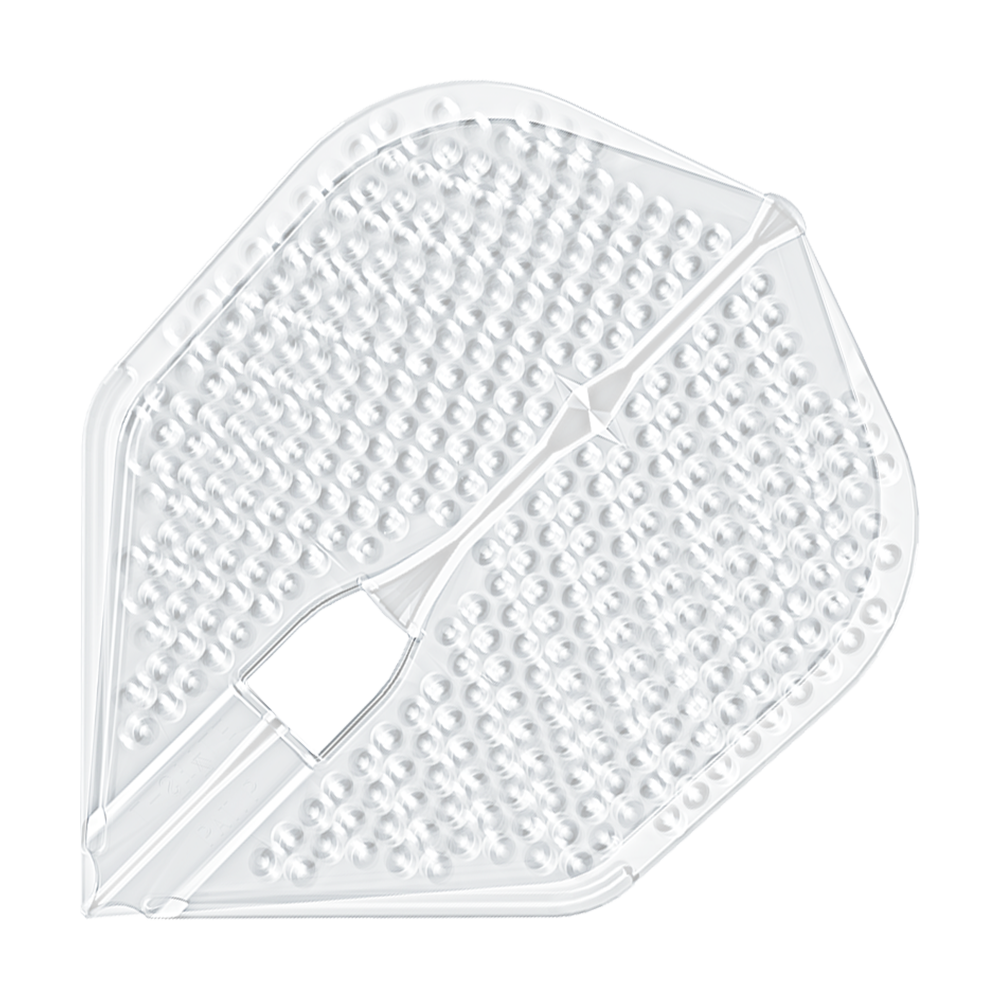 L-Style Flights Dimple Champagne L3PRO Shape Das Bild zeigt ein durchsichtiges Dartflight mit einer dimpled (genoppten) Oberfläche. Es handelt sich um das Produkt "L-Style Flights Dimple Champagne L3PRO Shape".
