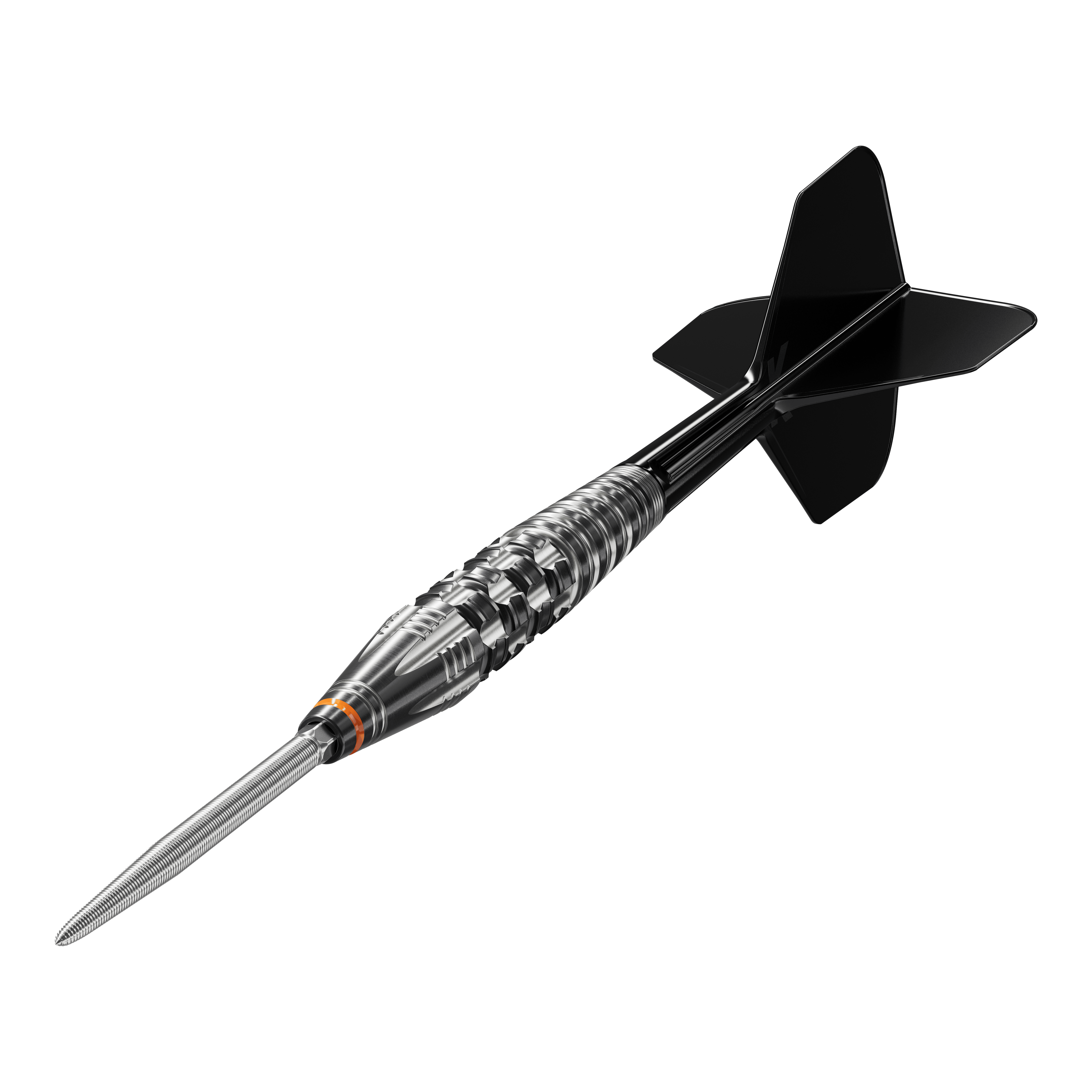 Das Bild zeigt einen stilvollen Softdart mit schwarzem Flight und silbernem Barrel. Es handelt sich um das Produkt "Target Japan Black Marque Dancing Duck GEN 4 Softdarts - 17g".