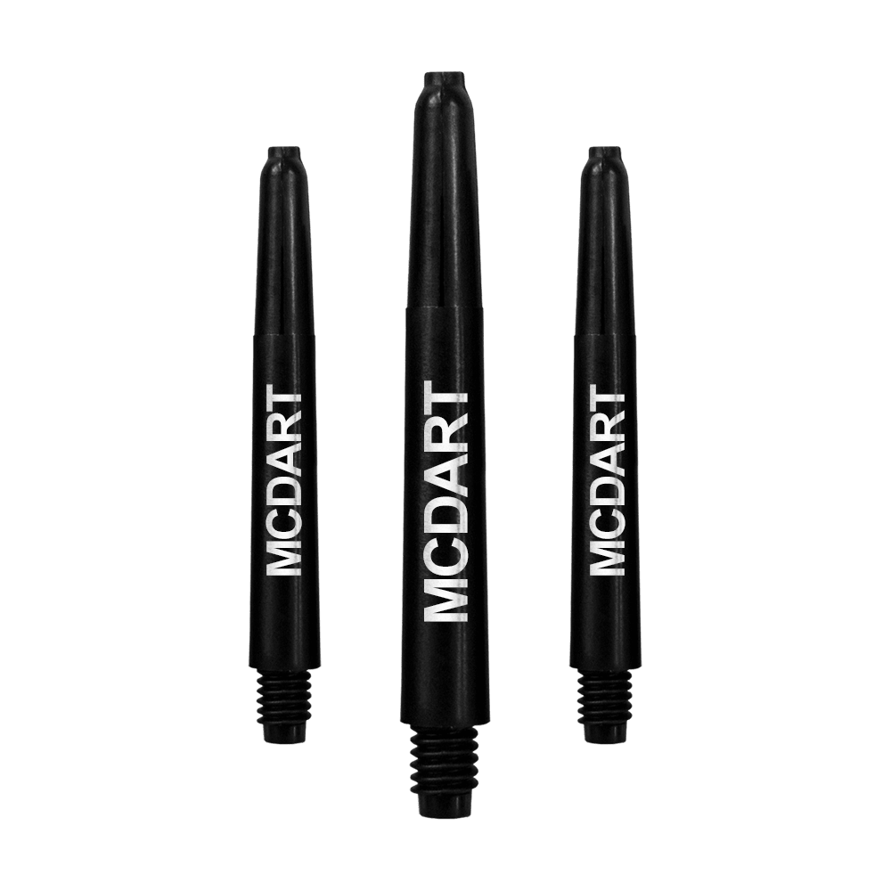 Auf dem Bild sind drei schwarze Dartschäfte aus Nylon zu sehen. Auf jedem Schaft steht in weißer Schrift das Wort "MCDART".