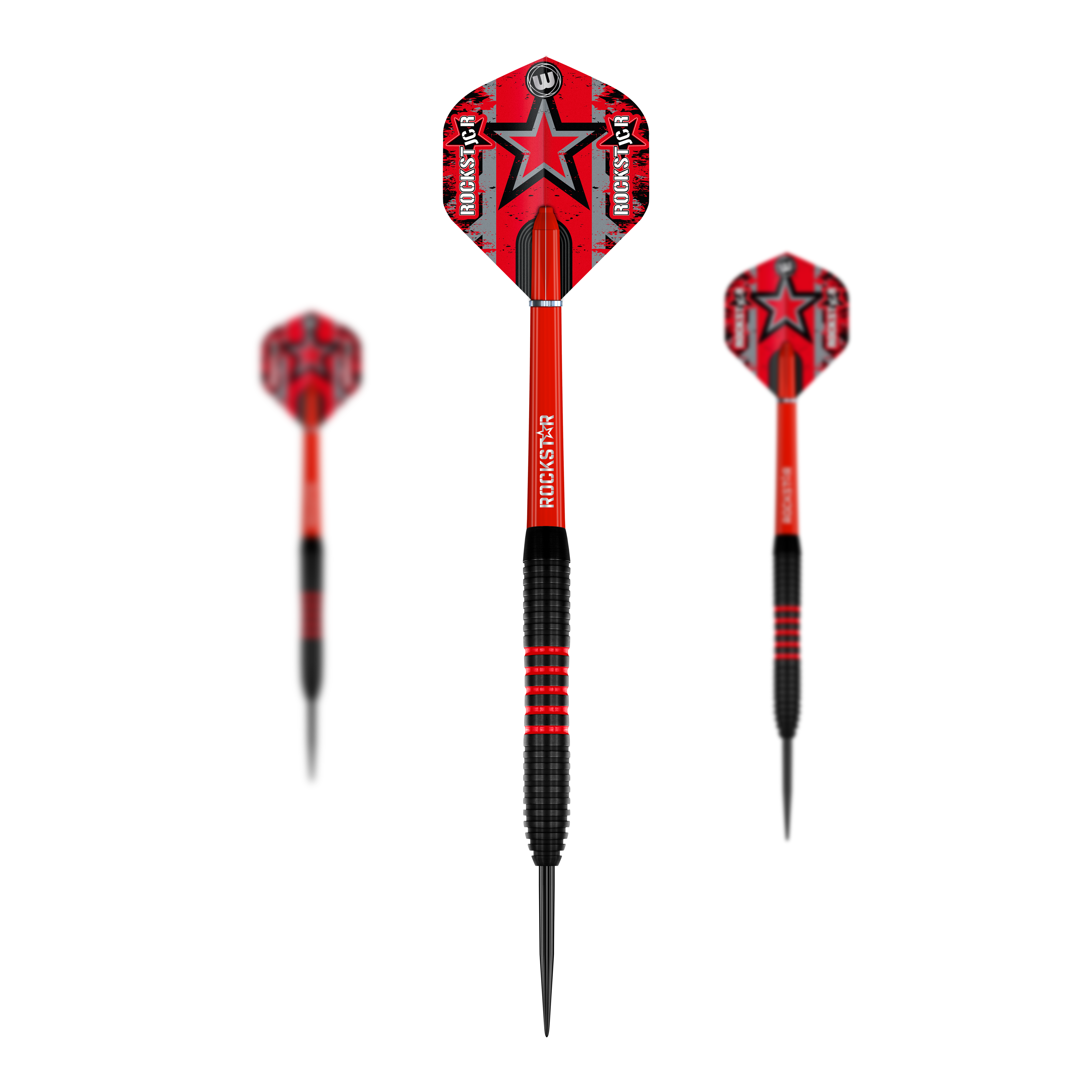 Winmau Joe Cullen Brass Steeldarts - 20g Das Bild zeigt drei Winmau Joe Cullen Brass Steeldarts mit einem Gewicht von 20g. Die Darts haben rote Flights mit einem schwarzen Stern und schwarzen sowie roten Griffbereichen.