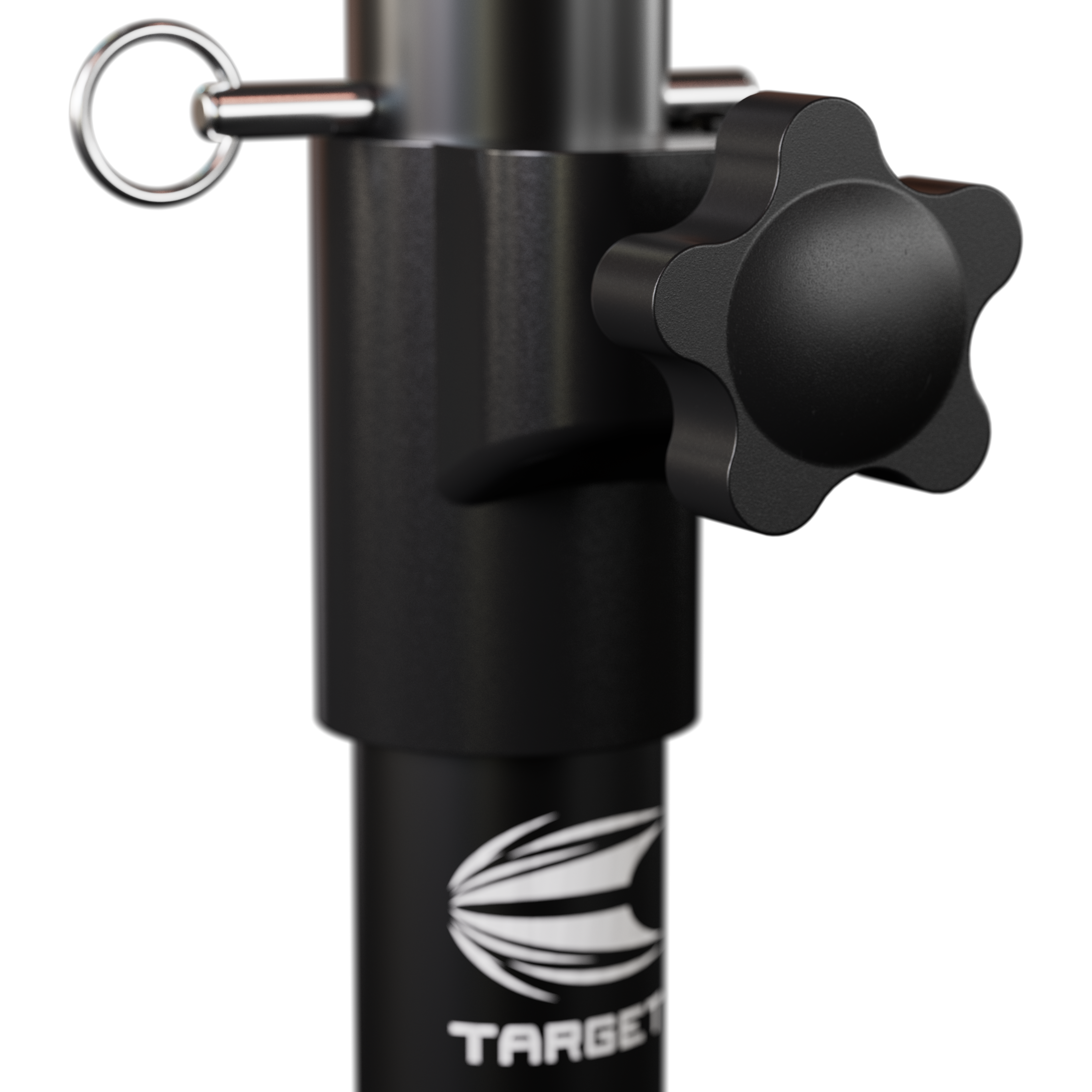 Target Dartboard Stand Das Bild zeigt einen Teil eines Target Dartboard Ständers mit einem Drehknopf zur Höhenverstellung. Unten ist das Target-Logo deutlich sichtbar.
