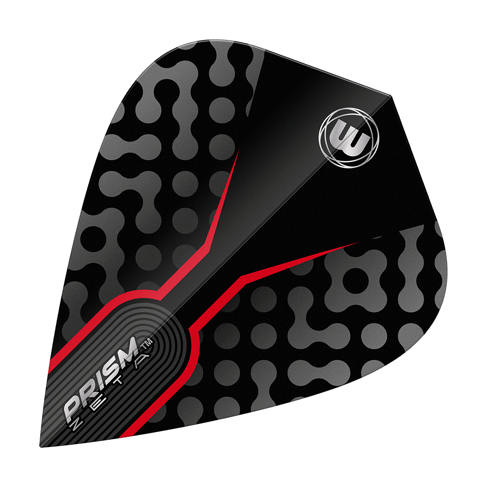 Winmau Zeta Black Red Kite Flights Das Bild zeigt ein Winmau Zeta Black Red Kite Flight für Darts. Das Flight ist schwarz mit grauen Punkten und auffälligen roten Akzenten gestaltet.