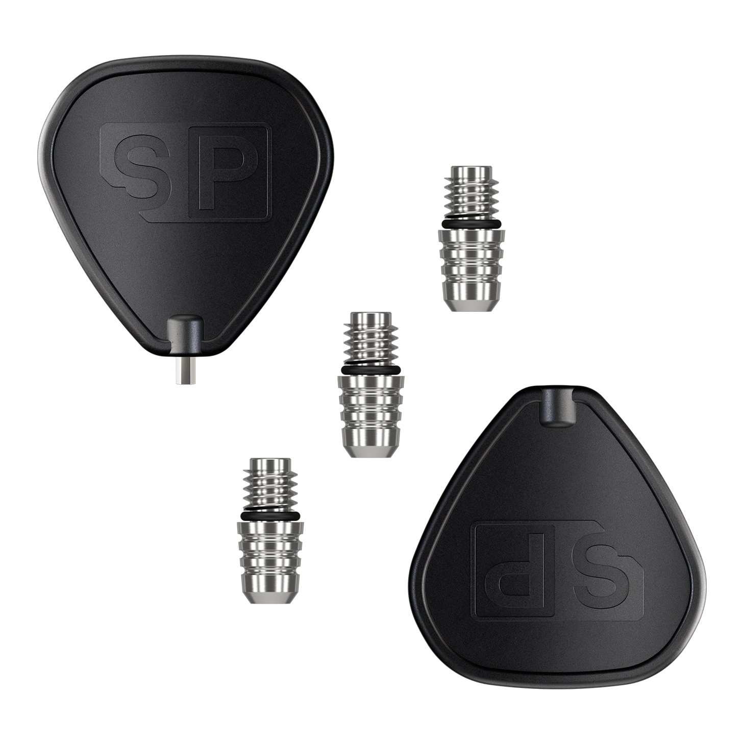 Target Swiss Point 2BA Converter - Silber Das Bild zeigt den Target Swiss Point 2BA Converter in Silber mit mehreren silbernen Konvertern. Ebenfalls abgebildet sind zwei schwarze Kunststoffhüllen zur Aufbewahrung der Konverter.