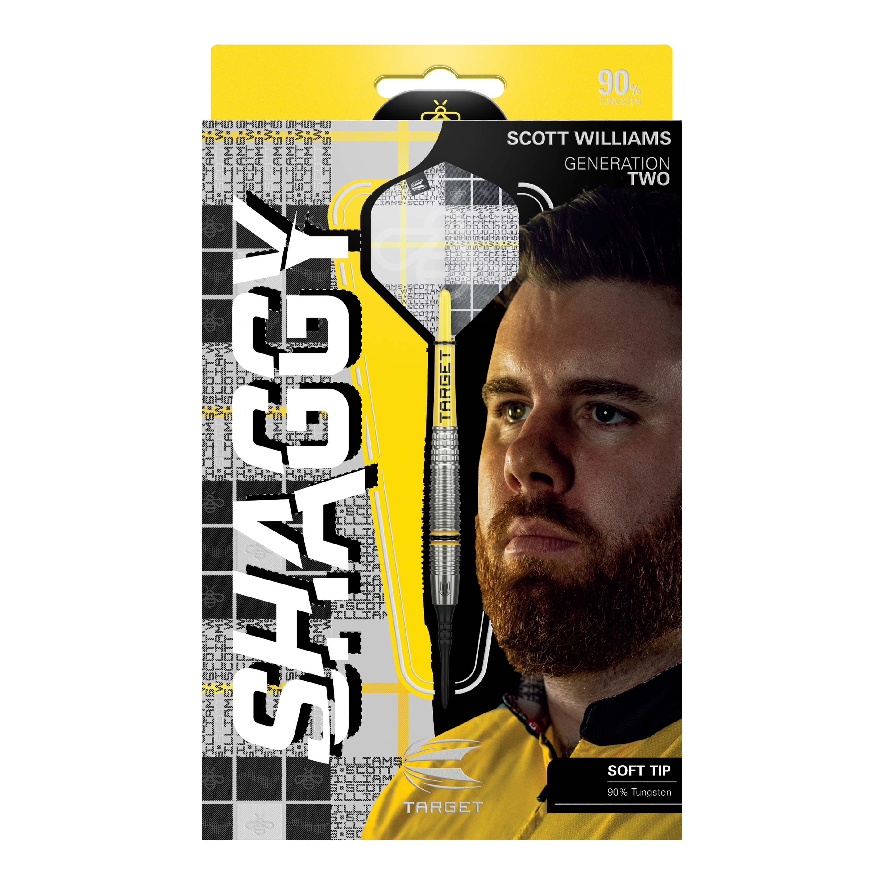 Das Bild zeigt die Verpackung der "Target Scott Williams GEN2 Softdarts - 18g". Auf der Vorderseite sind ein Dartpfeil, das Gesicht von Scott Williams und der Schriftzug "SHAGGY" prominent zu sehen.
