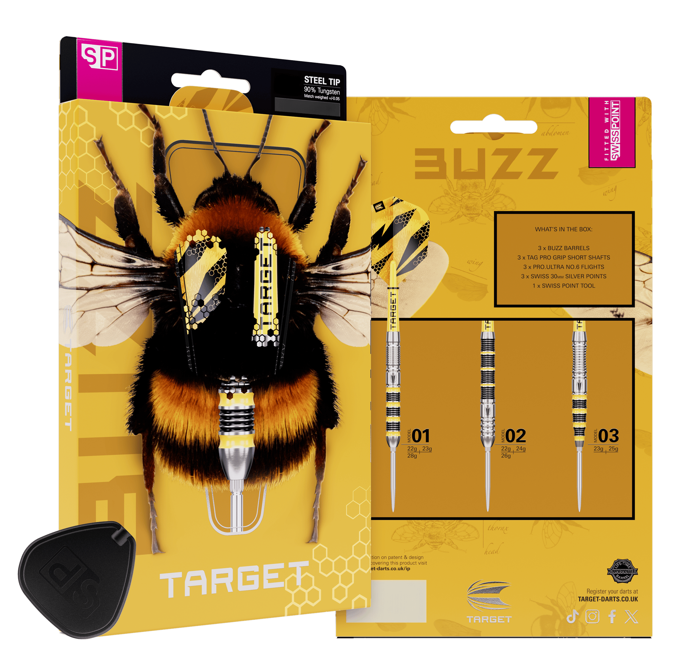 Hier sieht man Target Buzz 01 Swiss Points Steeldarts. Die Darts zeichnen sich durch ihr spezielles Swiss Points System aus.