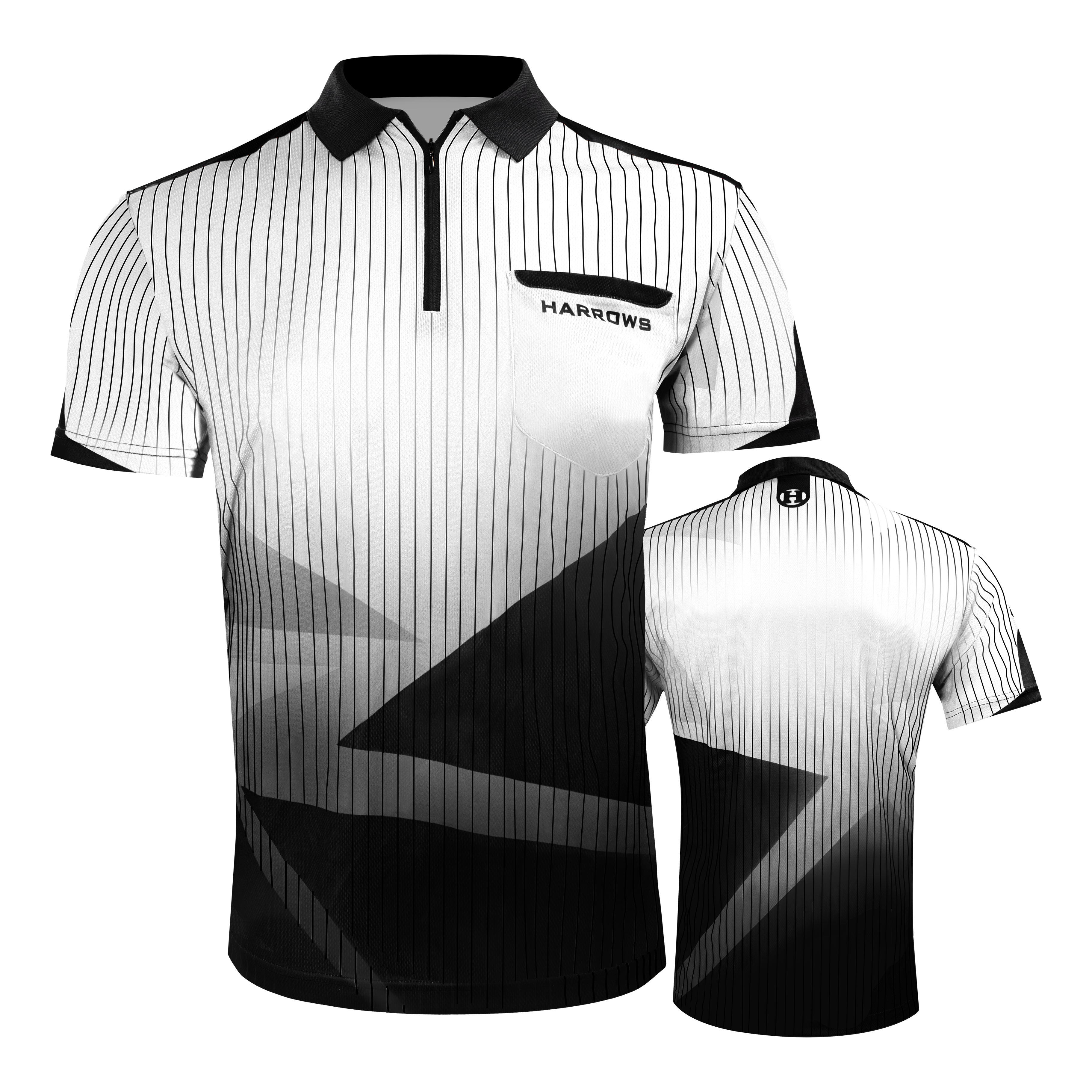 Harrows Shard Dartshirt - Weiß Das Bild zeigt das Harrows Shard Dartshirt in Weiß mit schwarzen Linien und geometrischen Mustern. Auf der Vorderseite befindet sich eine Brusttasche mit dem Schriftzug "Harrows".