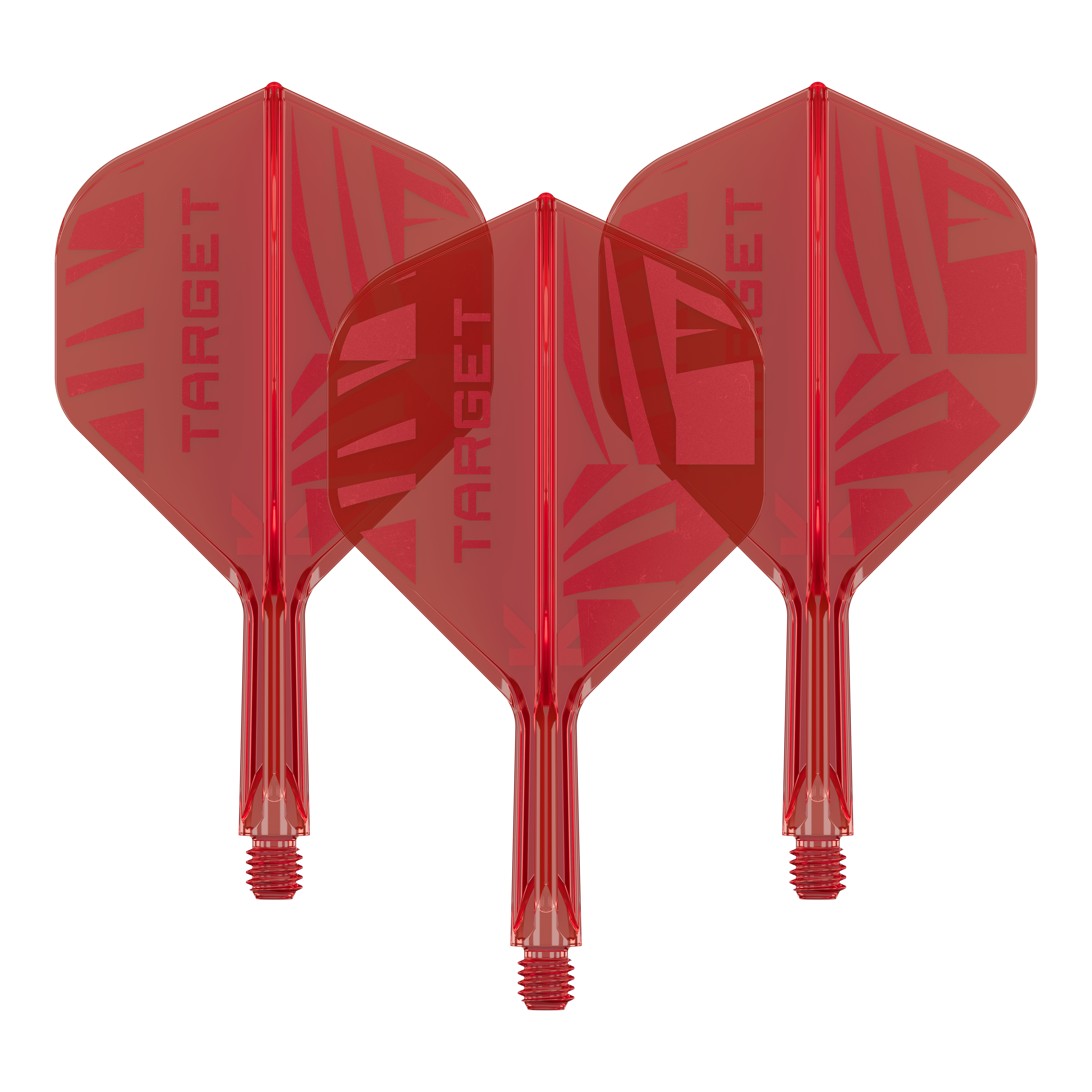 Hier ist ein Set Target K-Flex Red No2 Standard Flights in 19 mm zu sehen. Die Flights sind nebeneinander gelegt.