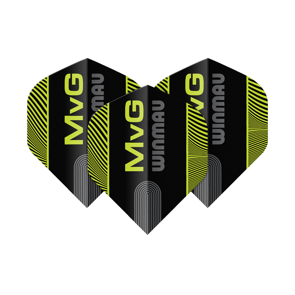 Das Bild zeigt die Winmau Prism Delta MvG Black Green Text No2 Standard Flights. Es handelt sich um Dart-Flights in Schwarz und Grün mit Text-Design.