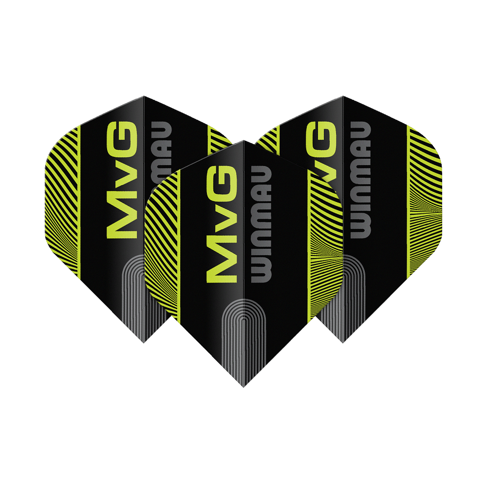 Winmau Prism Delta MvG Black Green Text No2 Standard Flights Das Bild zeigt die Winmau Prism Delta MvG Black Green Text No2 Standard Flights. Es handelt sich um Dart-Flights in Schwarz und Grün mit Text-Design.