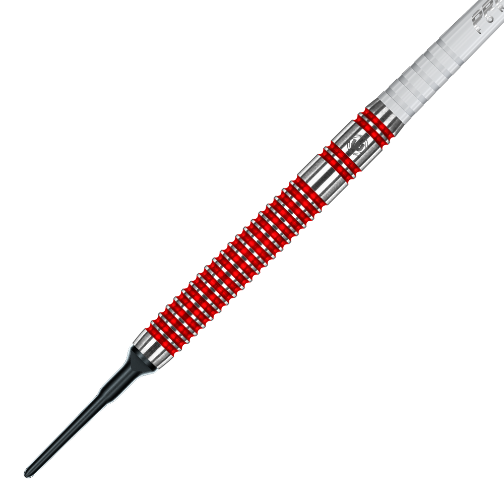 2429_Winmau_Overdrive_Softdarts_2eKsy1EcGzclNx Das Bild zeigt einen Winmau Overdrive Softdart mit einem Gewicht von 20 Gramm. Der Dart hat ein silbernes Barrel mit roten Ringen und einer schwarzen Kunststoffspitze.