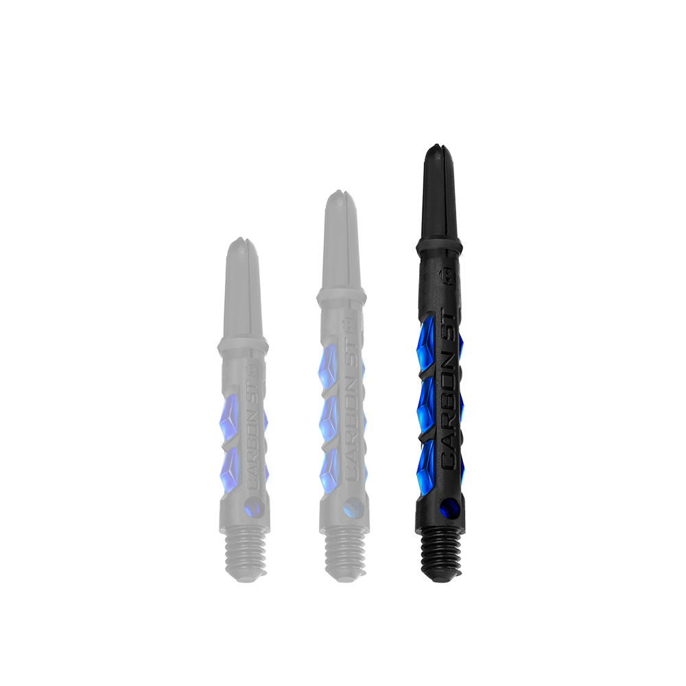 Das Bild zeigt drei schwarze Dartschäfte mit blauen Akzenten der Marke "Harrows Carbon ST Shafts - Blau". Sie sind in unterschiedlichen Längen angeordnet.