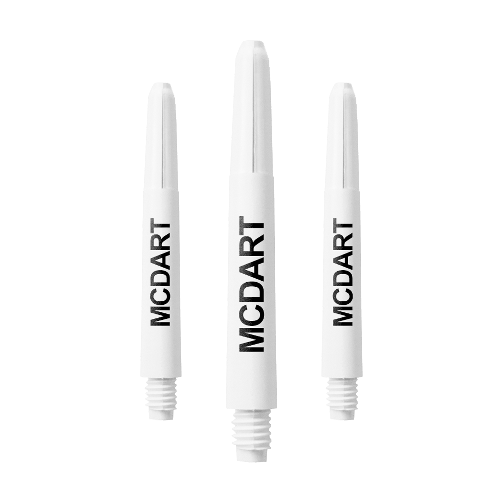 MD-602_Nylon_Shafts_mit_Wunschdruck_Schneeweiss_40mm_1 Auf dem Bild sind drei weiße Dart-Schäfte aus Nylon zu sehen. Auf jedem Schaft steht der Schriftzug "MCDART".