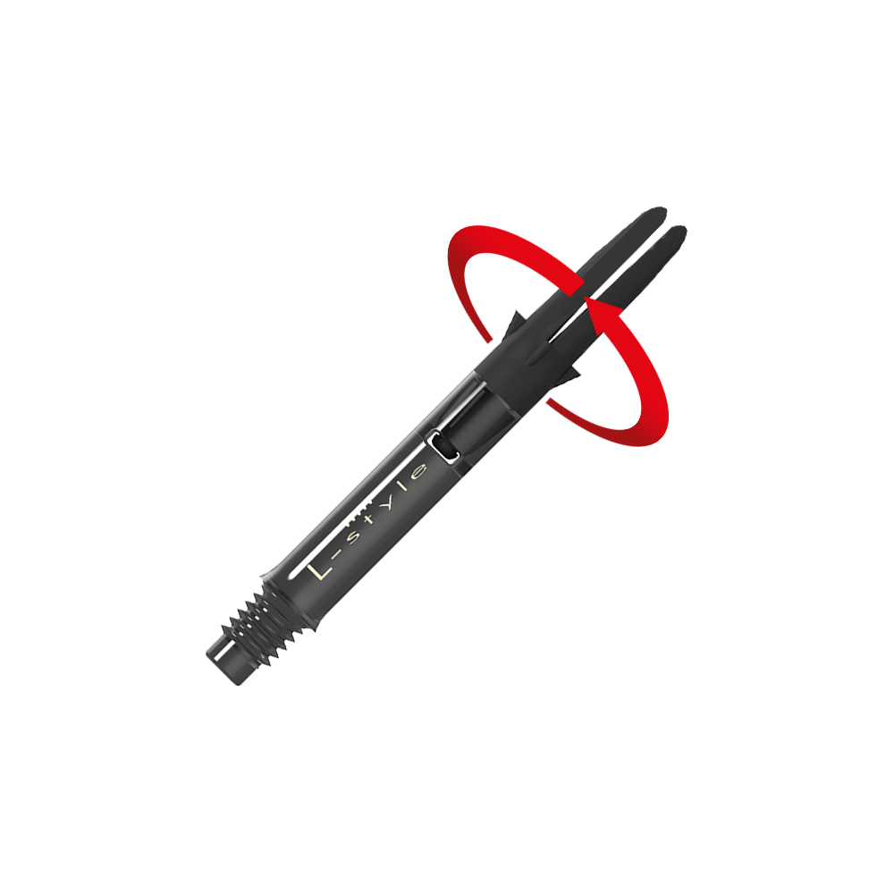 Auf dem Bild ist ein schwarzer Dartshaft aus Carbon der Marke L-Style zu sehen. Am oberen Ende ist eine rote Pfeilmarkierung, die eine Drehbewegung anzeigt.