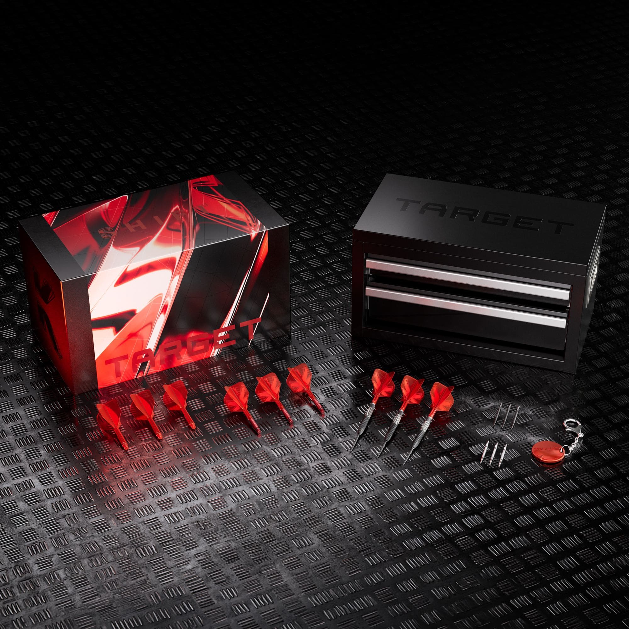 Zu sehen ist das Target Shift Swiss Point Steeldarts Set. Die Darts liegen auf einer hellen Oberfläche.