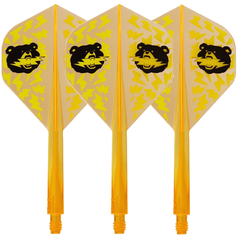 Condor Ax Black Bear Miyu Miyawaki Flight Shaft Neon Orange - Standard Das Bild zeigt vier neonorange Dartflights mit gelbem Blitzmuster und einem schwarzen Bärenkopf darauf. Die Flights sind in Standard-Form gestaltet und tragen den Namen "Condor Axe Black Bear Miyu Miyawaki".