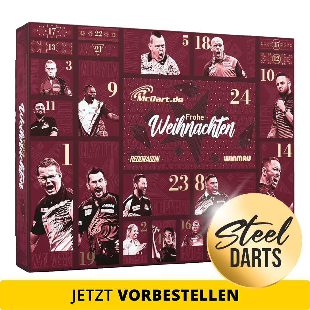 McDart Premium Advent Calendar 2026 for steel dart players Abgebildet ist der McDart Premium Adventskalender 2026 für Steeldart-Spieler. Das Design hebt die exklusive Premium-Edition hervor.