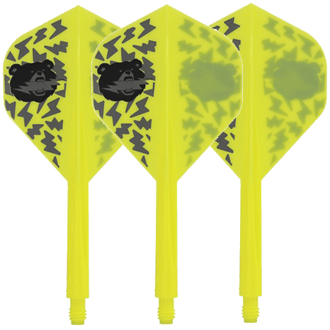 Das Bild zeigt drei gelbe Dartflights mit schwarzem Bärenmotiv und Blitzmustern. Die Flights gehören zum Produkt „Condor Axe Black Bear Miyu Miyawaki Flight-Shaft Yellow – Standard“.