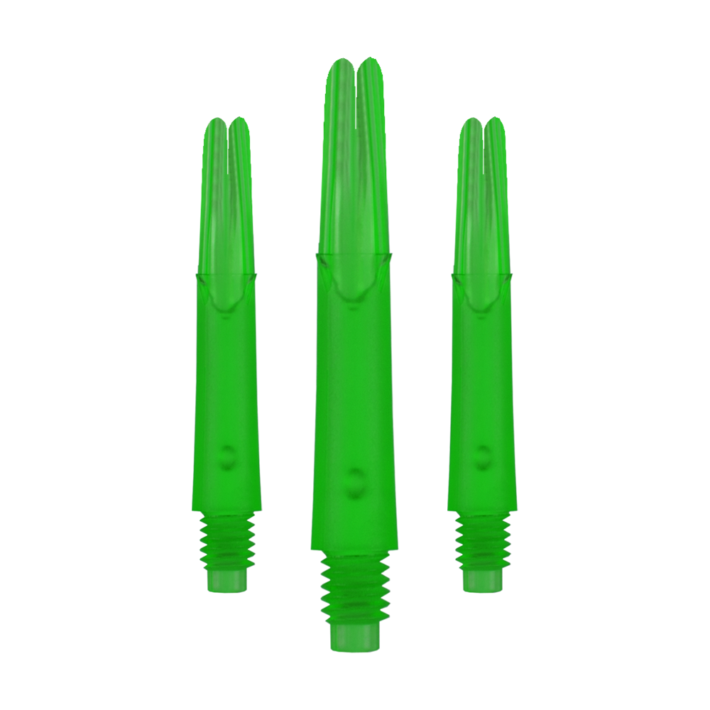 L-L-Style-Shafts Locked Straight - Green Auf dem Bild sind drei gerade, grüne Dartschäfte ohne Kappen zu sehen. Sie sind durchsichtig und haben am unteren Ende ein Gewinde.