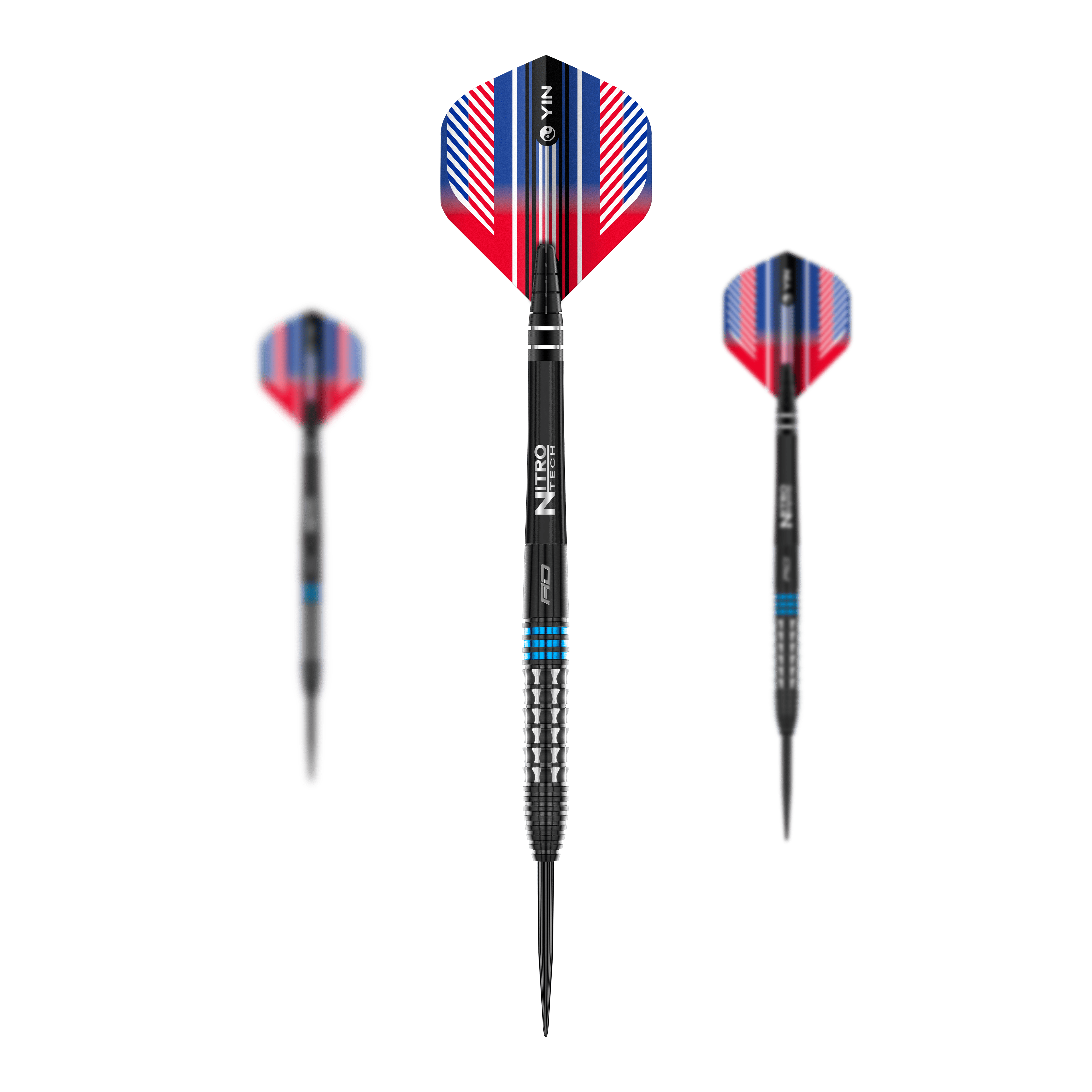 Red Dragon Vengeance Blue Steel Darts Das Bild zeigt drei Steeldarts des Produkts 'Red Dragon Vengeance Blue'. Die Darts haben schwarze Spitzen, silberne Griffe mit blauen Ringen und auffällige Flights in Rot, Blau und Weiß.